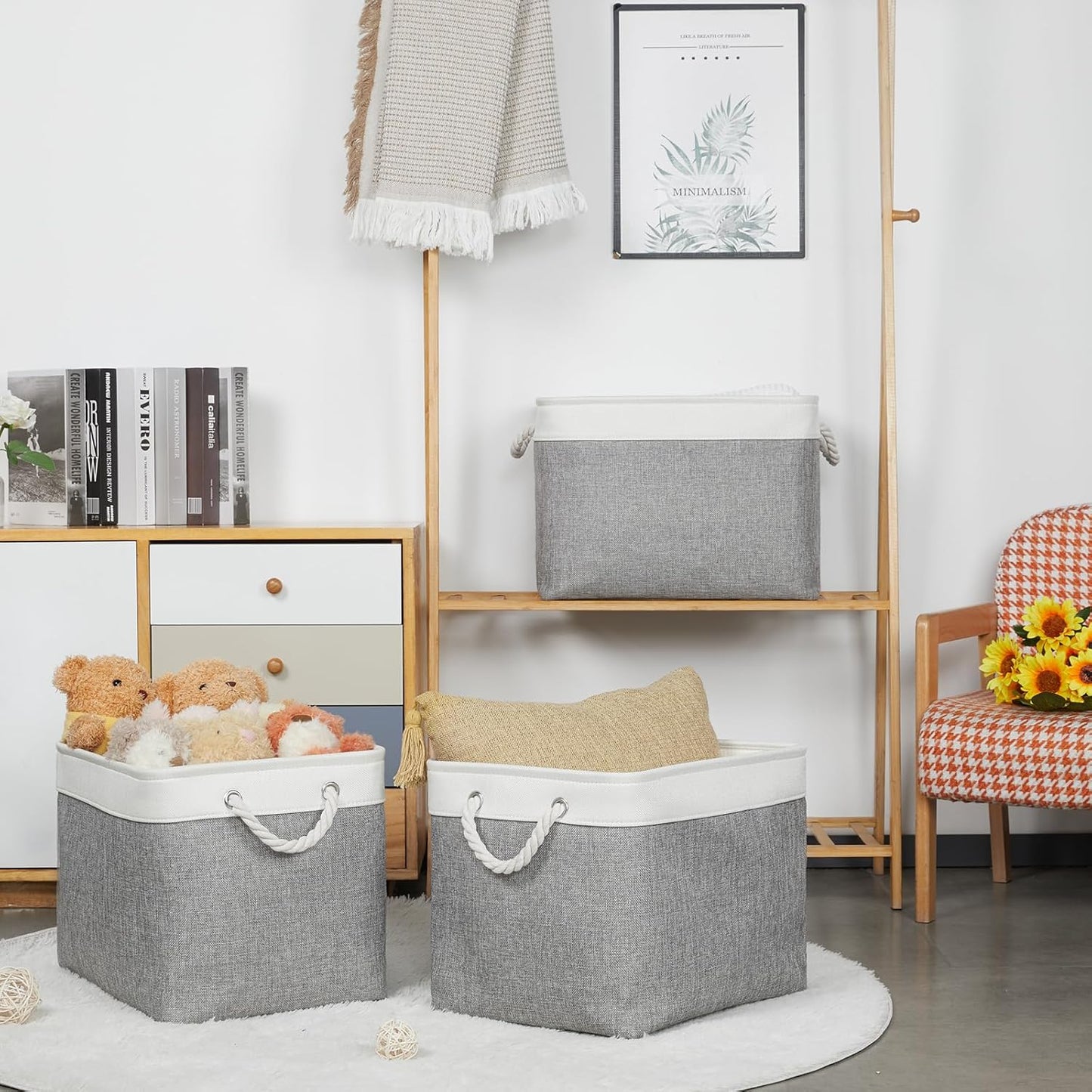 Bidtakay Large Storage Baskets for Organizing 3-Pack Fabric Closet Organizers Storage Bins with Handles 16x11.8x11.8 In Collapsible Baskets for Shelves Cloth Home Organization L-White&Grey