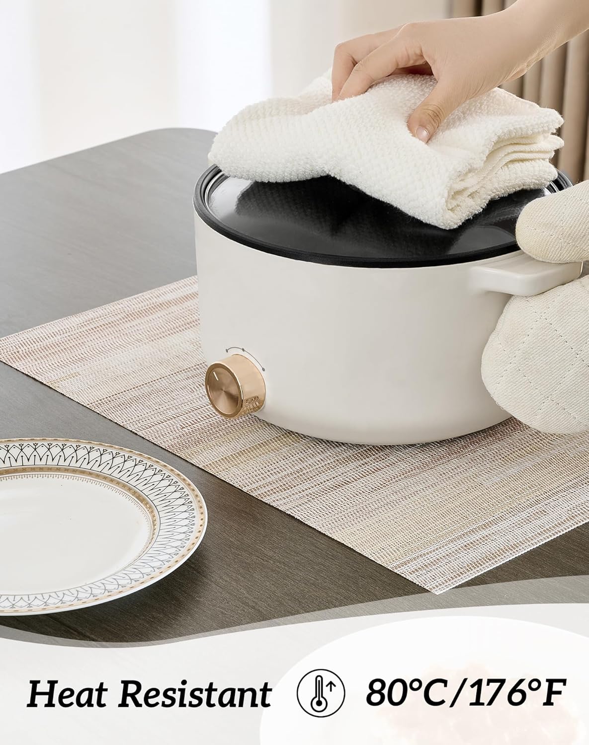 Leetaltree Lightsteel Beige with Yellow Placemats Set of 6 - Heat Resistant Non-Slip Place mats for Dining Table, Washable Durable PVC Vinyl Woven Table Mats (Lightsteel Beige with Yellow, 6)