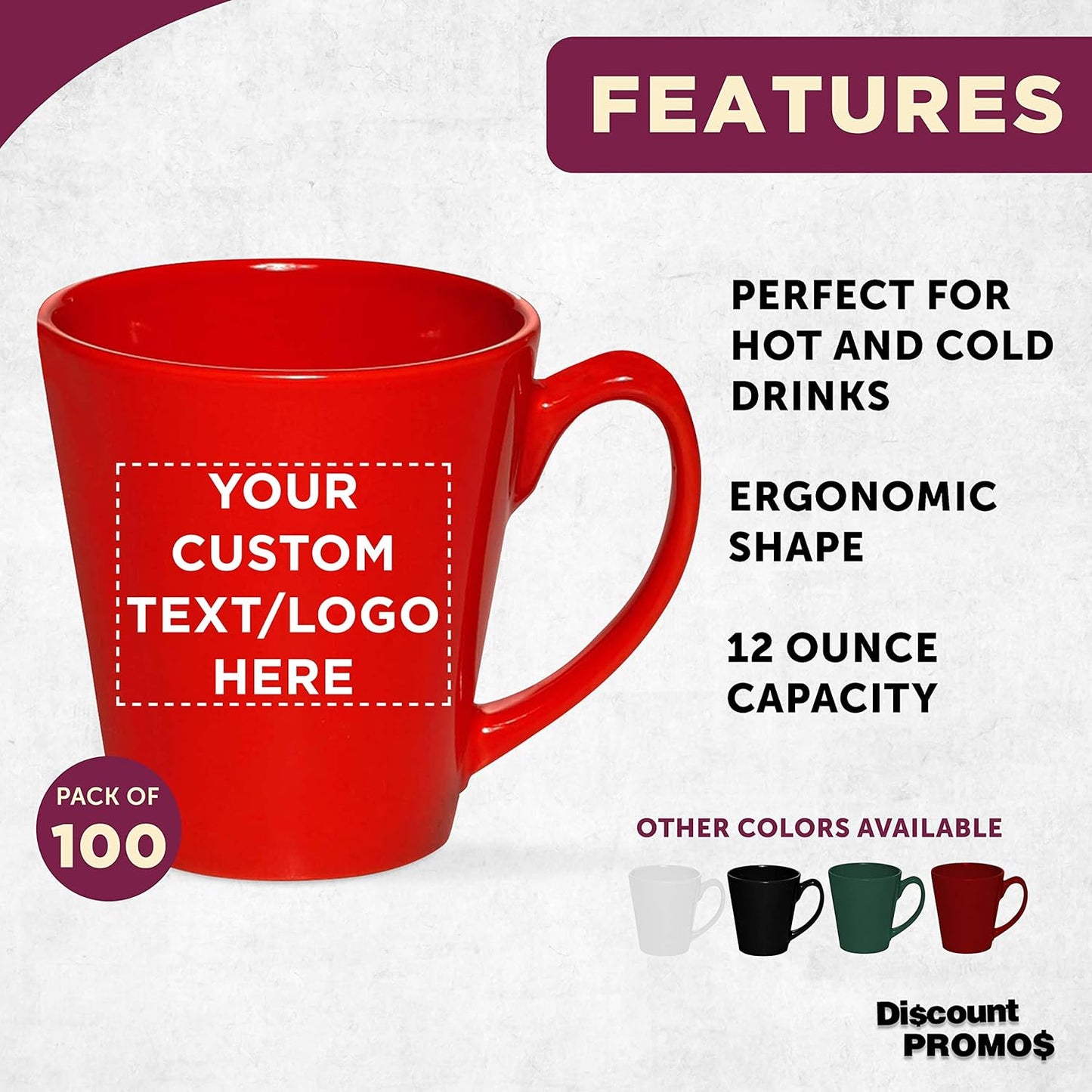 DISCOUNT PROMOS Custom Glossy Ceramic Latte Coffee Mug 12 oz. Set of 100, Personalized Bulk Pack - Perfect for Tea, Espresso, Cappuccino, Hot Cocoa - Red