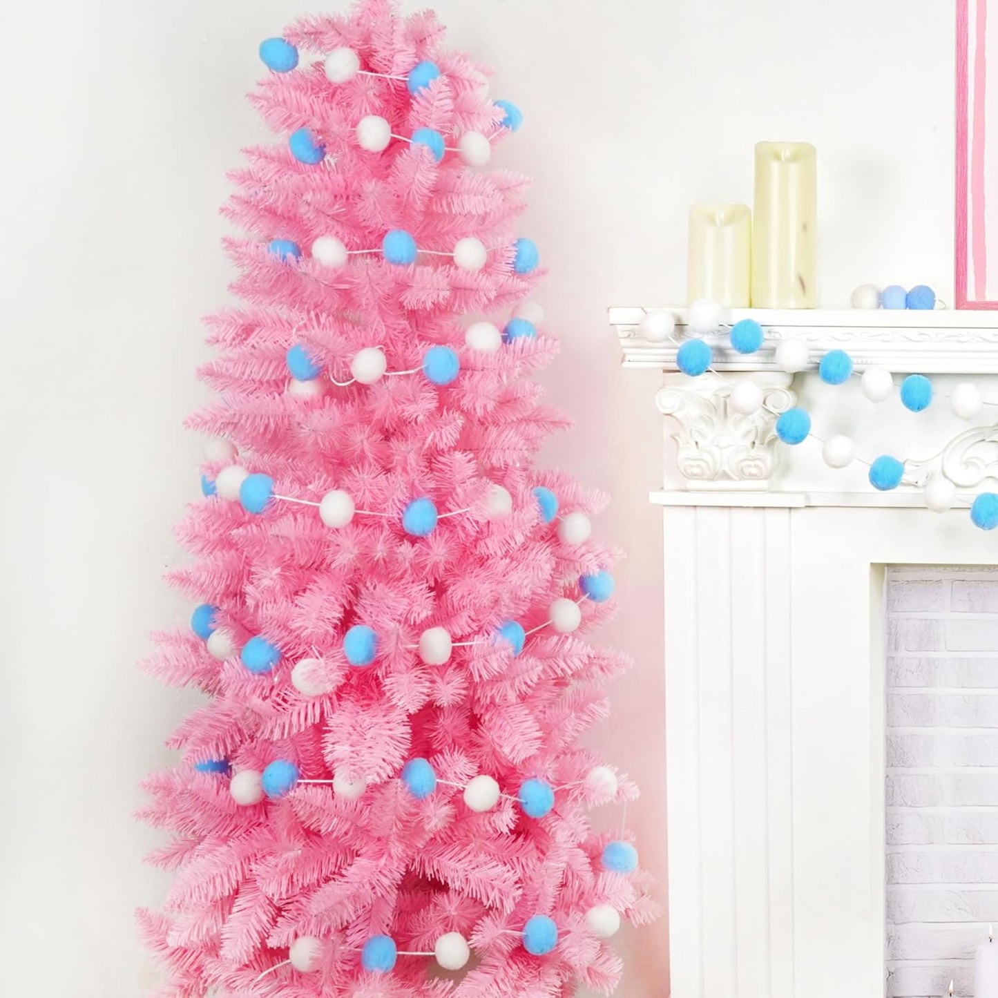 XmasExp Pom Pom Garland Decorations - Large Blue Felt Ball Garland for Mantle, Gender Reveal, Baby Shower, Tree Ornaments and Party Hanging Decor,13 Ft. (Blue, 1.57")