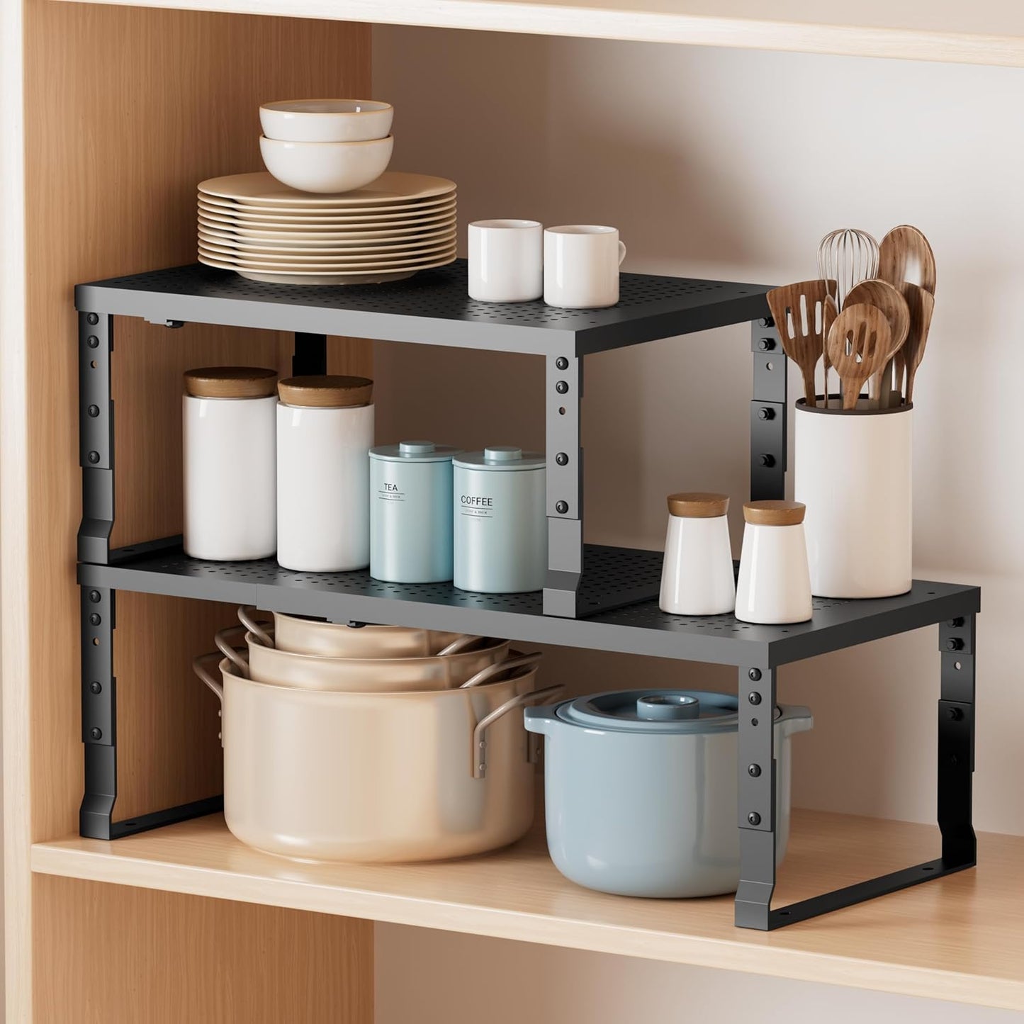 Metal Stackable Expandable Storage Shelf - Multi-Functional Home Storage Shelf, Suitable for Kitchen, Cabinet，Bathroom, Office, Garage, etc.（2PACKS/Black/Medium