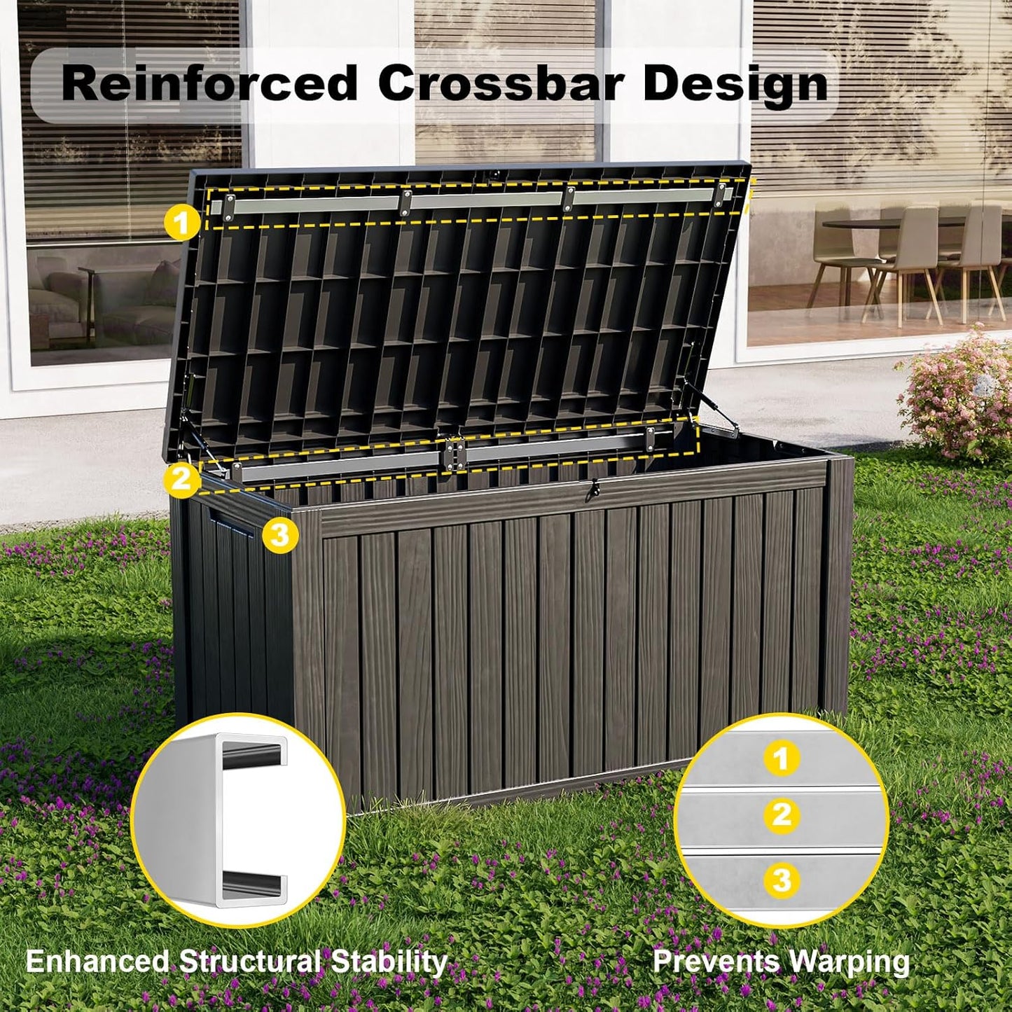 150 Gallon Outdoor Deck Box,Storage Lockable Waterproof Patio Furniture,Garden Tools,Cushions,Pool Accessories Outside Storage Resin Box(Black)