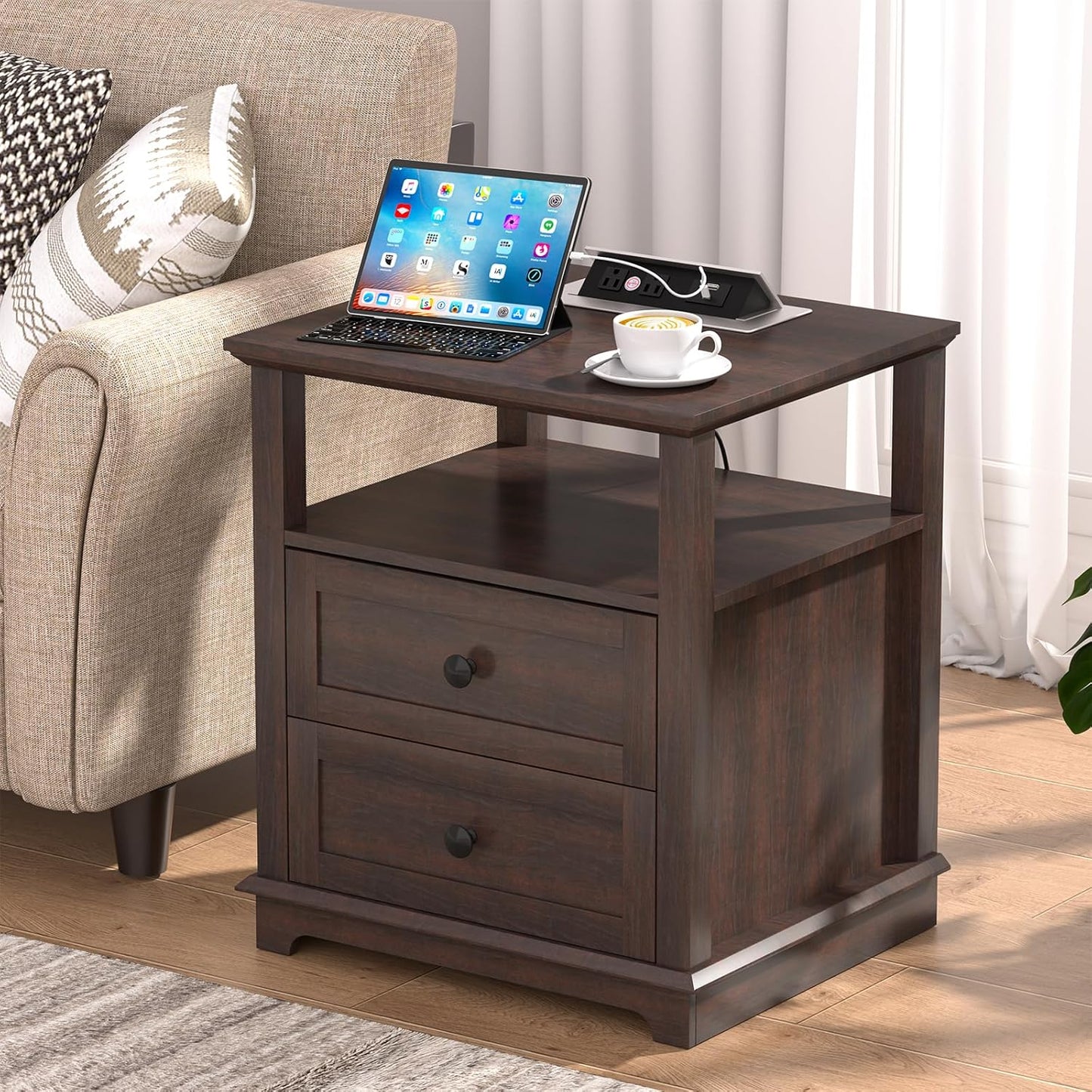 HIFYOBRO 24" Tall End Table with 2 Drawers and Charging Station, Type-C & USB Port & Power outlets, Wooden Storage Cabinet, 21" W Large Side Table with Storage for Living Room and Bedroom (Espresso)