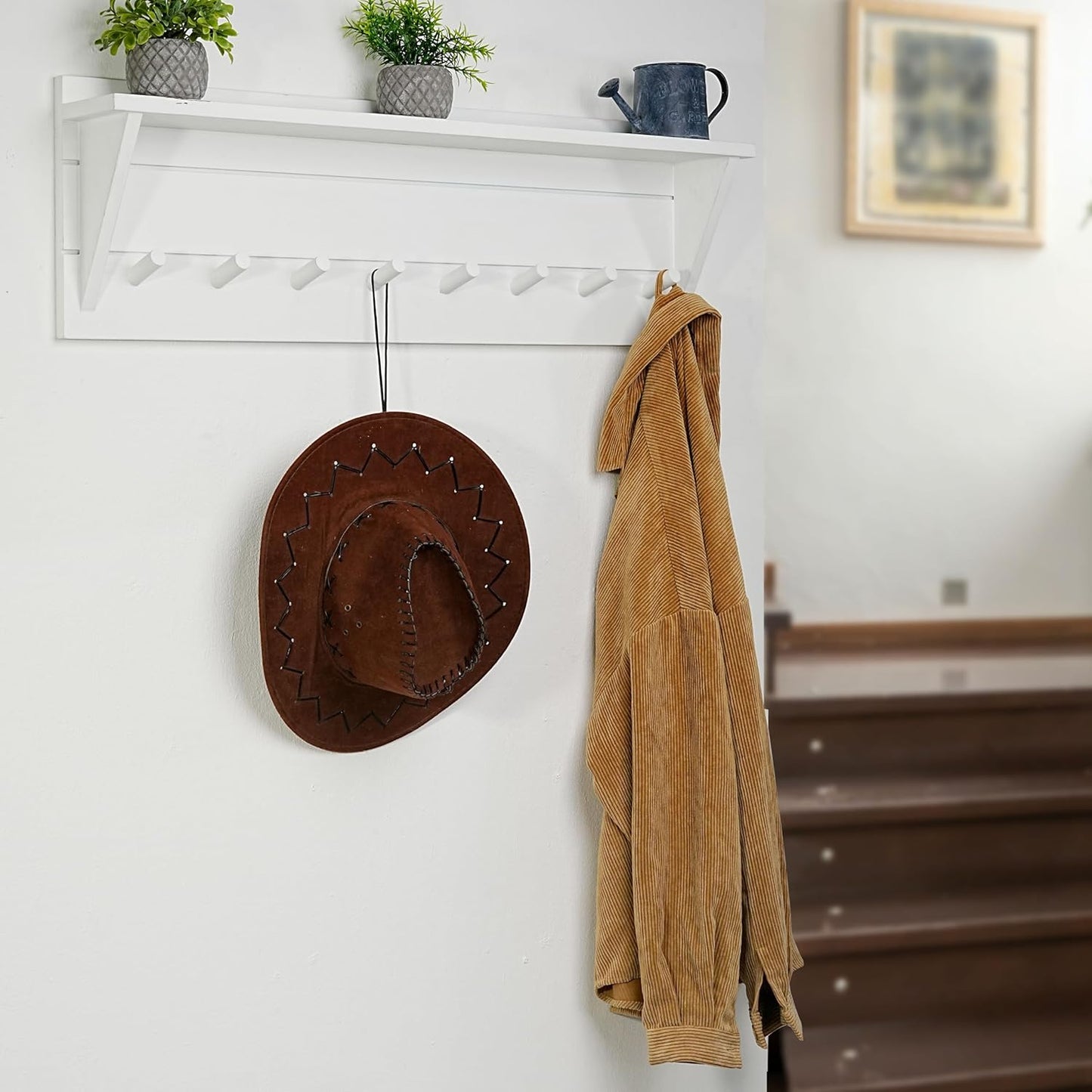 WEBI Coat Rack Wall Mount with Shelf,8 Peg Hooks,34" Long Entryway Wall Shelf with Hooks Underneath for Hanging Coats,Caps,Jacket,Clothes,White
