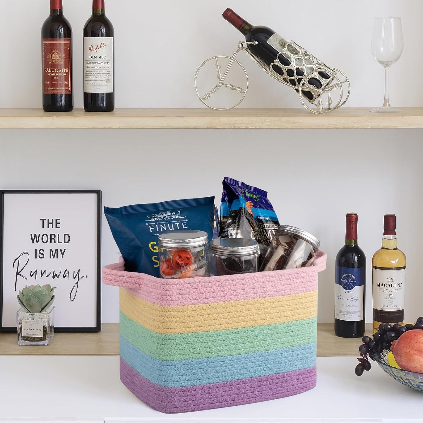 OIAHOMY Storage Basket, Woven Baskets for Storage, Cotton Rope Basket for toys,Towel Baskets for Bathroom - Pack of 3, Rainbow Pastel