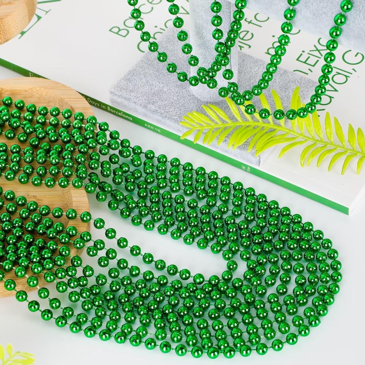 50PCS St Patricks Day Necklace, St. Patrick's Day Green Bead Necklace Accessories, Metallic Irish Saint Patrick Mardi Gras Necklaces Bulk, Parade Throw Accessories for Mardi Gras St. Patricks Party