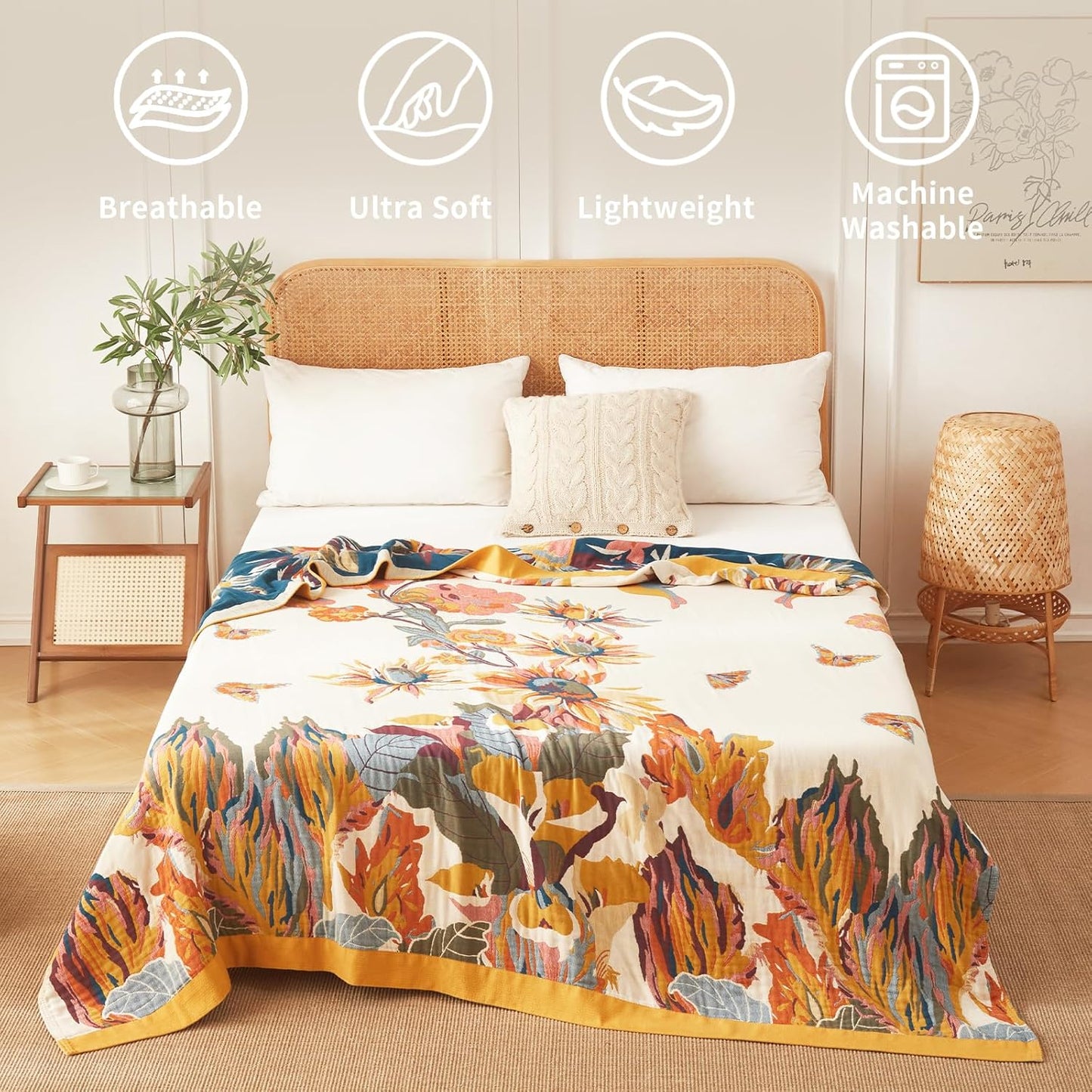 Floral Blanket Breathable Luxury Throw Rustic Quilt Lightweight Cotton Bedspread Multifunctional Blanket for Sofa Couch Chair (80"x90",02-Colorful Flowers)