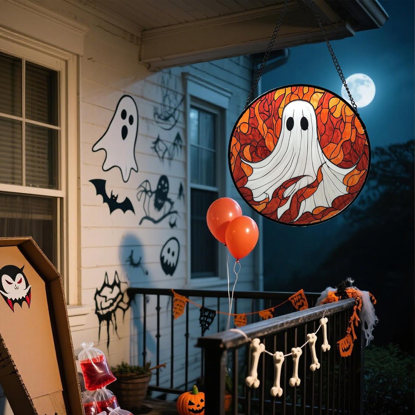 Stained Glass Window Hanging - Halloween Decorations White Ghost Orange Sky Suncatcher for Doors Garden Funny Spooky Sun Catchers Gothic Decor Horror Gifts for Women Men Friend Boy 9.8 in