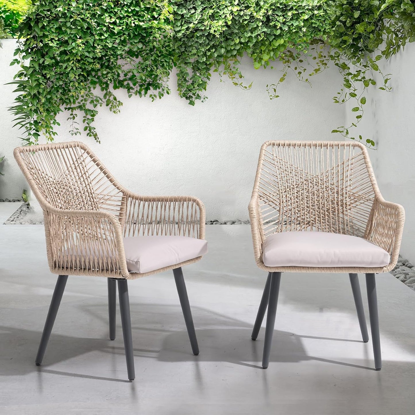 Patiorama Patio Dining Chair Set of 2, Woven Rope Outdoor Dining Chairs w/Steel Frame, All-Weather Twisted Rattan Chairs w/Armrest & Cushion, Outdoor Dining Wicker Chairs for Backyard Garden(Beige)
