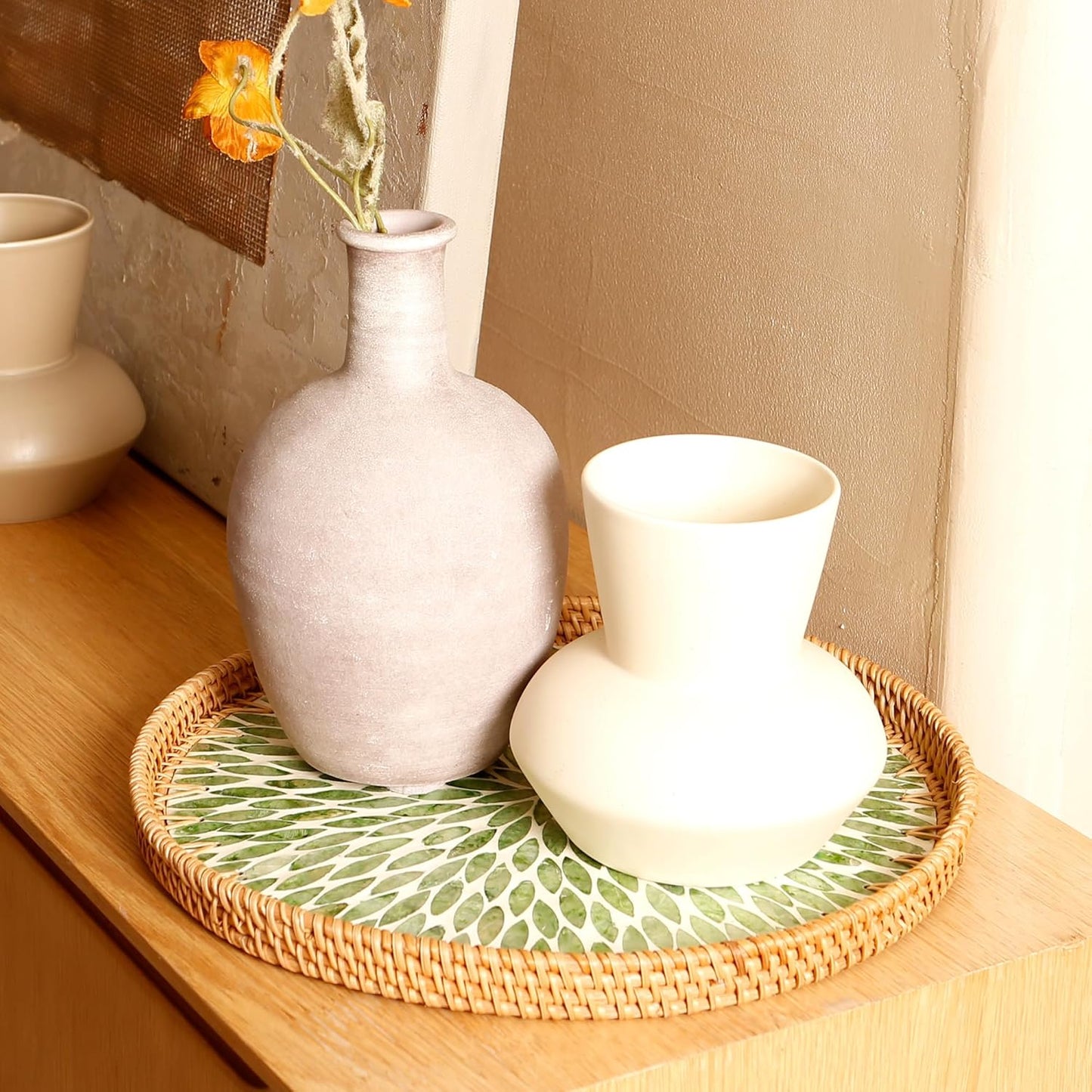 Round Rattan Tray with Mother of Pearl Inlay & Wooden Base - Decorative Wicker Serving Tray for Coffee/Bread/Fruits, Food Storage & Display - Multipurpose Home Decor (M,Green Leaves)