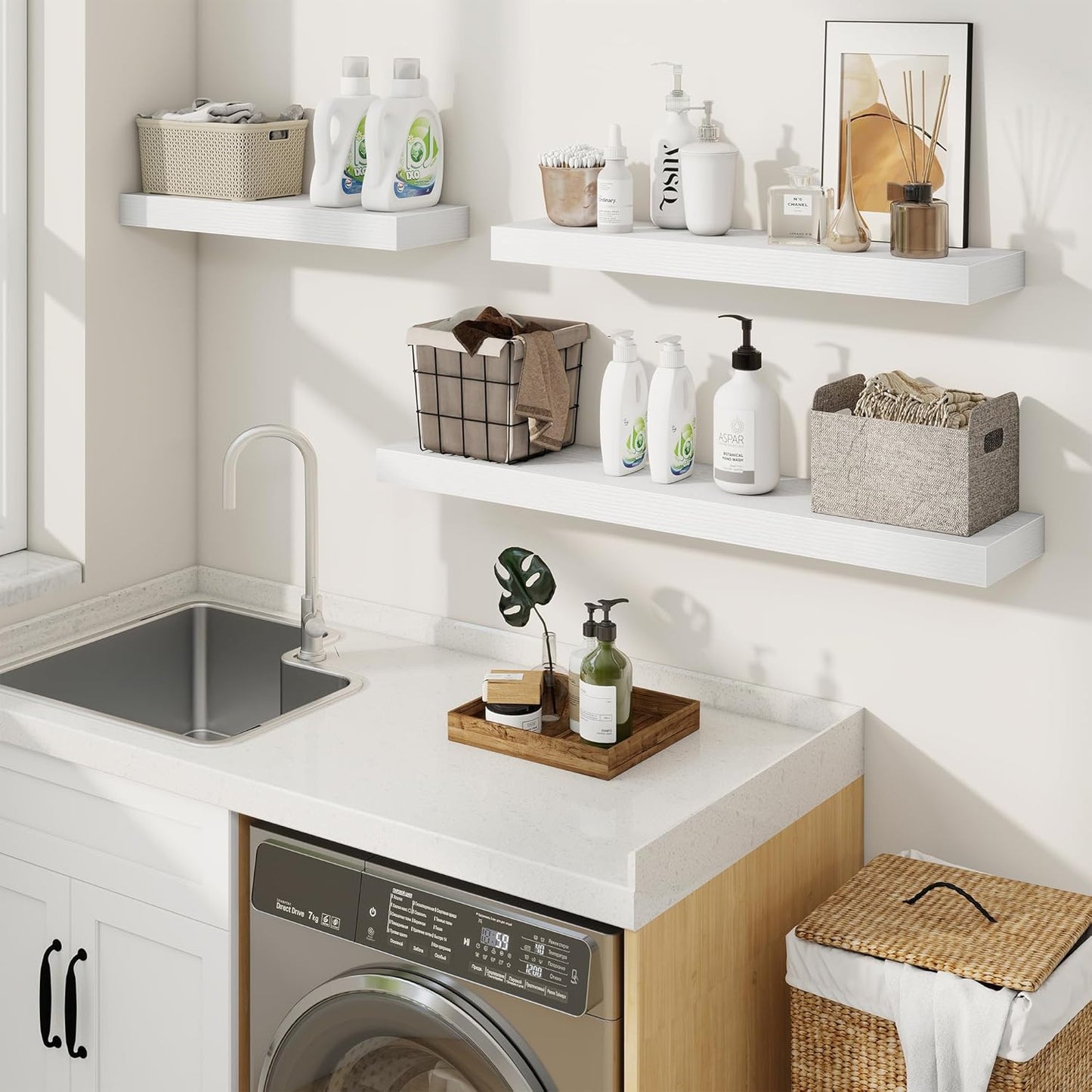 fuqing Floating Shelves for Wall, Bathroom Shelf Wall Mounted for Storage, Shelves with Invisible Bracket for Bedroom, Kitchen, Living Room, Farmhouse Small Book Shelf, 16 Inch Set of 2, White