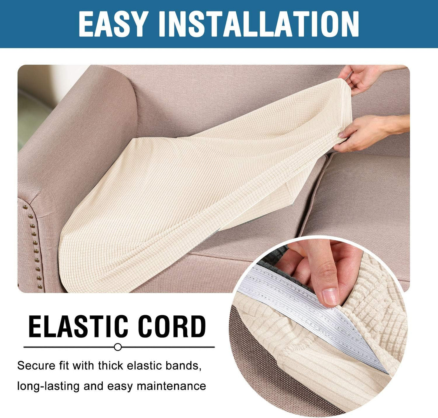 H.VERSAILTEX Super Stretch Individual Seat Cushion Cover Sofa Covers Couch Cushion Covers Slipcover Sets Thick Jacquard Textured Twill Fabric (3 Piece Sofa Cushion Covers, Natural)