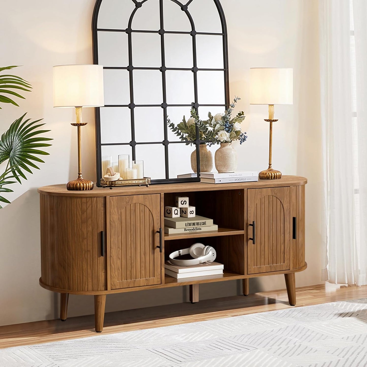 51" Fluted TV Stand, Mid-Century Modern Entertainment Center for Tvs up to 60" with Drawers and Fluted Doors, Curved TV Media Console Table with Sliding Doors for Living Room, Bedroom (51")