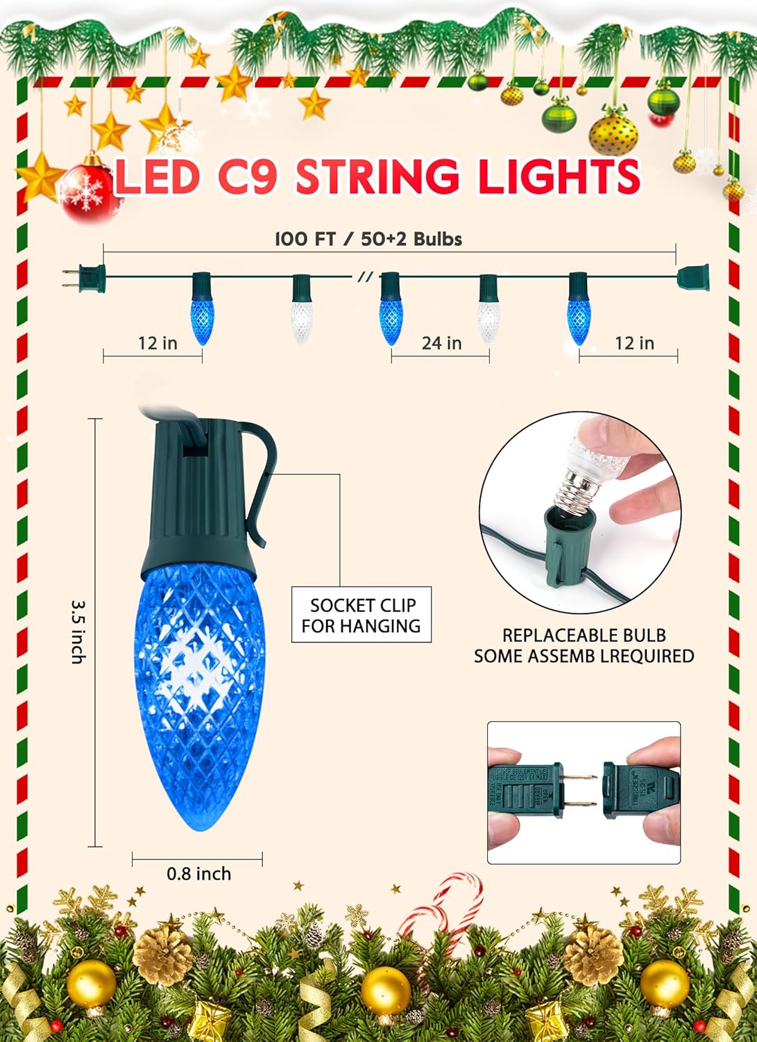 Outdoor Christmas Lights - 100 Ft LED String Lights with Blue & White Strawberry C9 Bulbs, Waterproof Connectable UL Certified for Indoor/Outdoor Use
