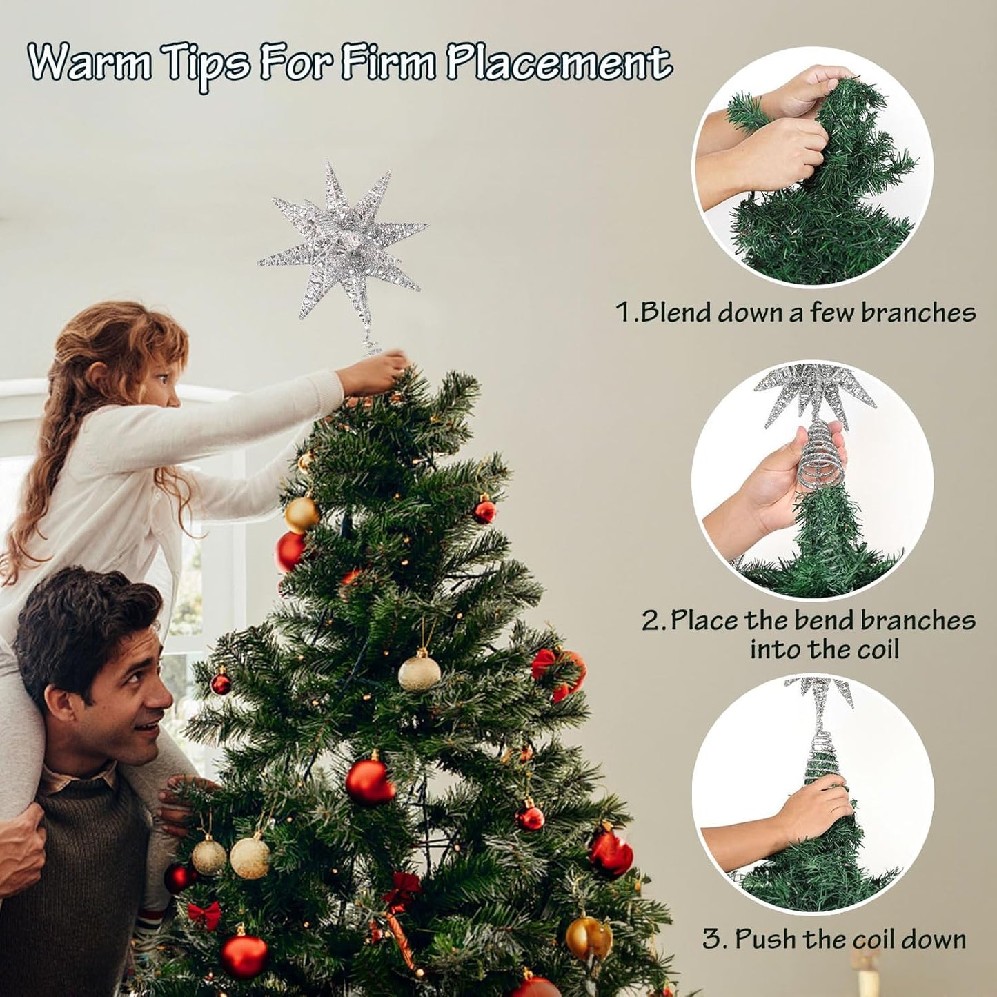 Christmas Tree Topper Star with Colorful 50 LED Lights, Star Tree Topper for Christmas Tree Tradition Moravian Decor, 11X 7.87 Inch with 5m Long Line, Estrella para Arbol De Navidad, Silver