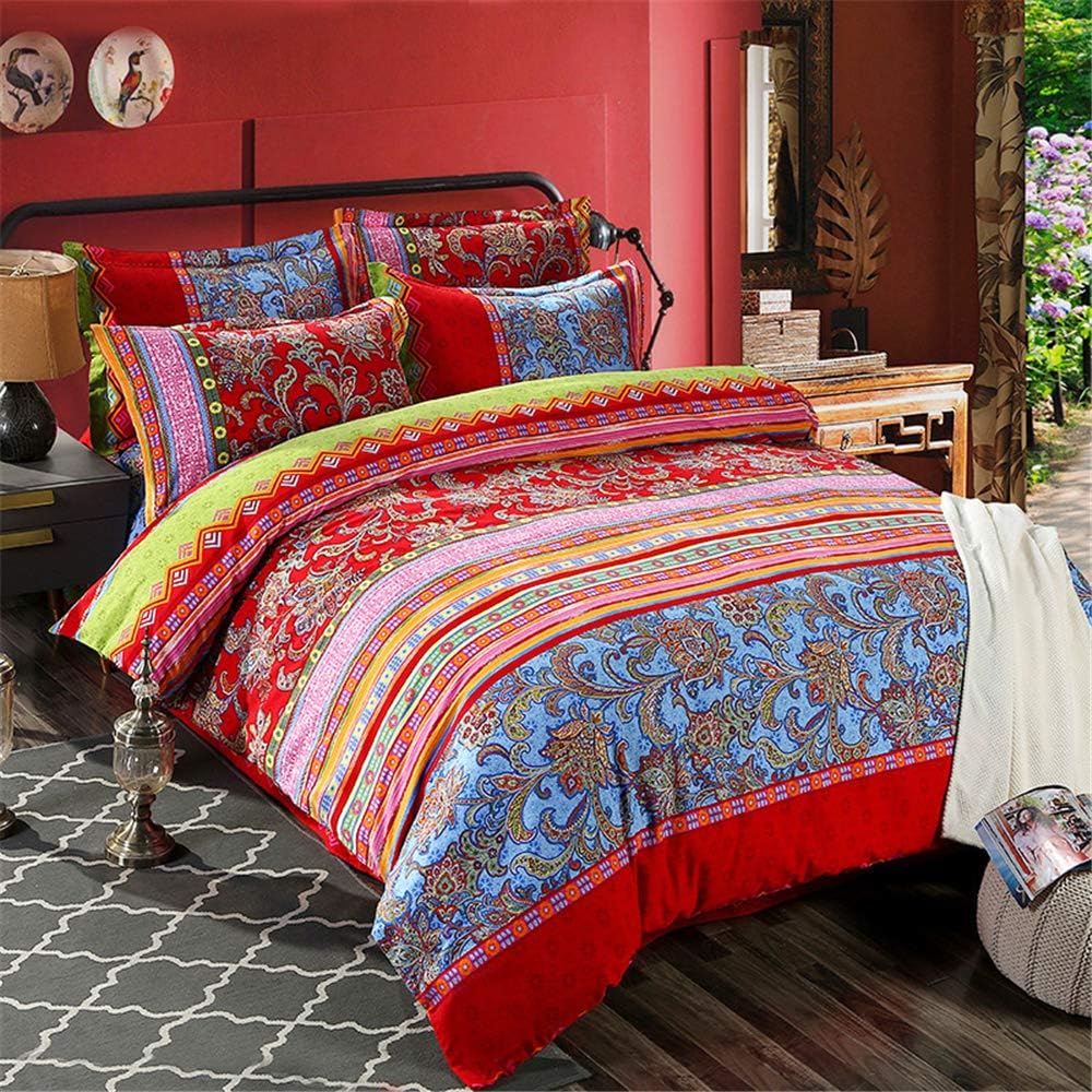 ABREEZE Bohemian Duvet Cover Set Colorful Red Boho Retro Bedding Set Damask Paisley Cotton Duvet Cover Tribal Reversible Bedding Exotic Style Comforter Cover 3-Piece Twin