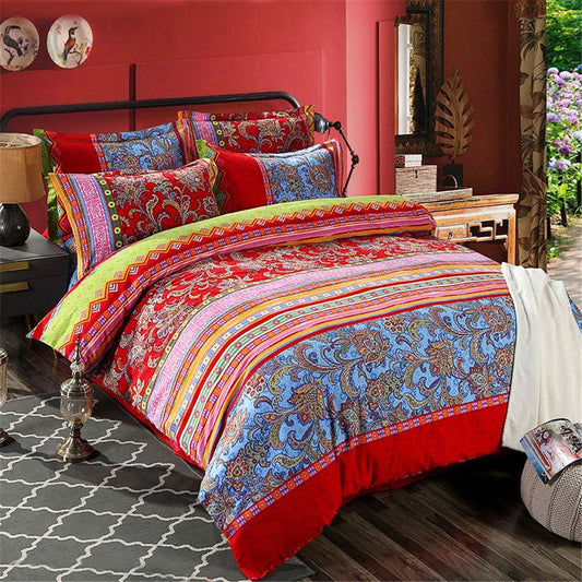ABREEZE Bohemian Duvet Cover Set Colorful Red Boho Retro Bedding Set Damask Paisley Cotton Duvet Cover Tribal Reversible Bedding Exotic Style Comforter Cover 3-Piece Full