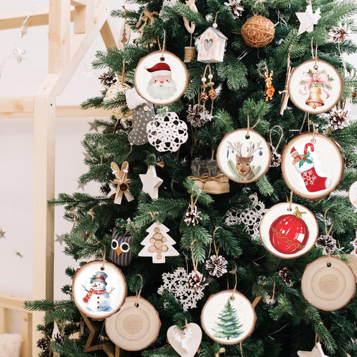 80 PCS 2.4-2.8 Inch Small Wood Slices with Hole, Mini Wood Slices with Rope for DIY Arts Craft Christmas Ornaments