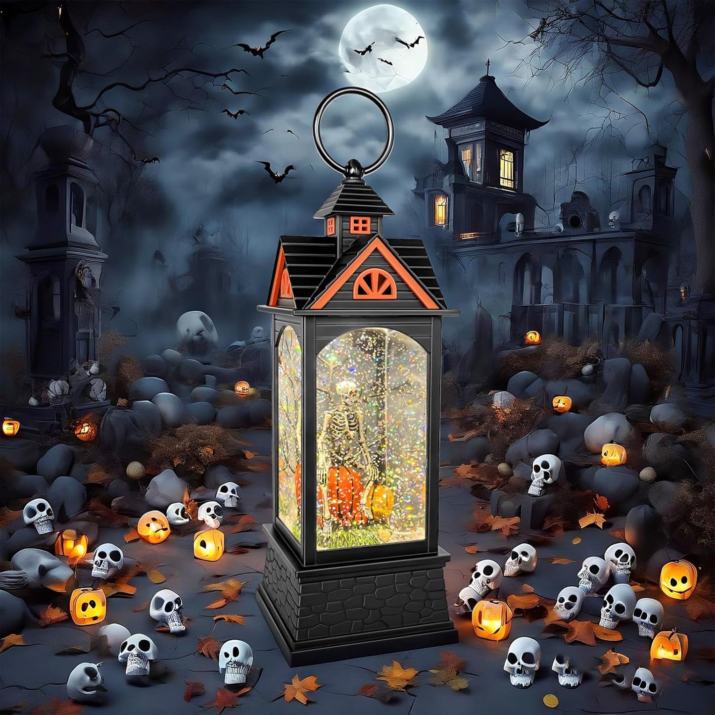 Halloween Snow Globe Lantern, Spooky Ghost Halloween Decor, Plug-in & Battery Operated Snow Globes for Halloween Decorations Indoor