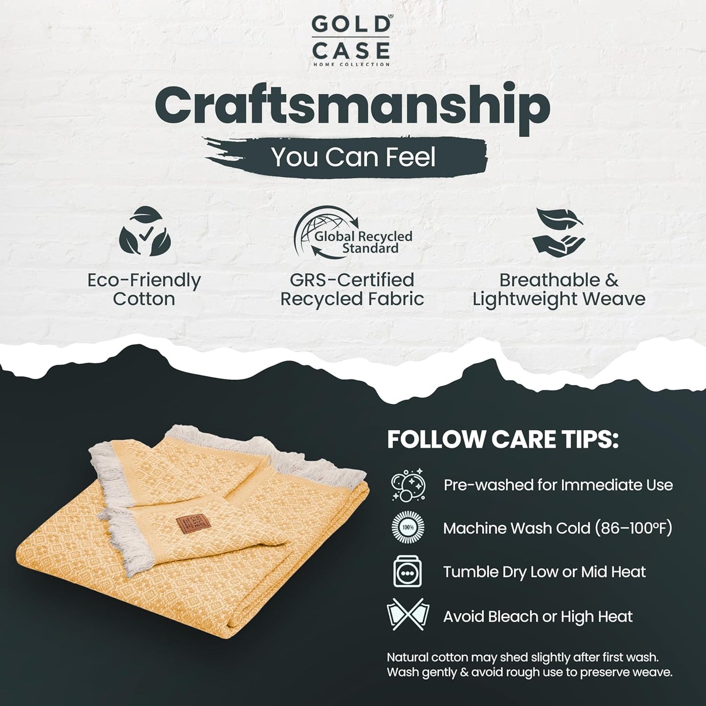 Gold Case Throw Blanket for Couch – 100% Recycled Turkish Cotton Blankets & Throws – Elegant Decorative Throw Blankets for Living Room Sofa – Woven Throws for Couch – Retro Mustard – 50x60