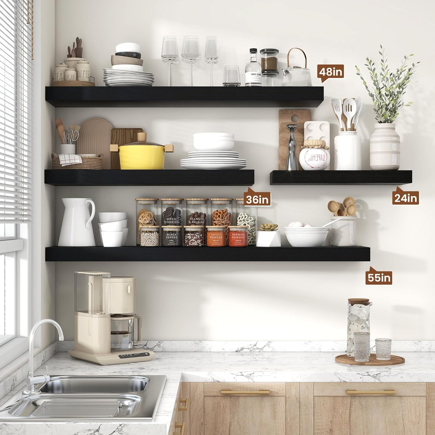 Heimlove 48" Black Floating Shelves for Wall,10 Deep Rustic Wood Display & Storage Wall Shelves with Heavy Duty Brackets for Bathroom,Bedroom,Kitchen,Living Room,Office