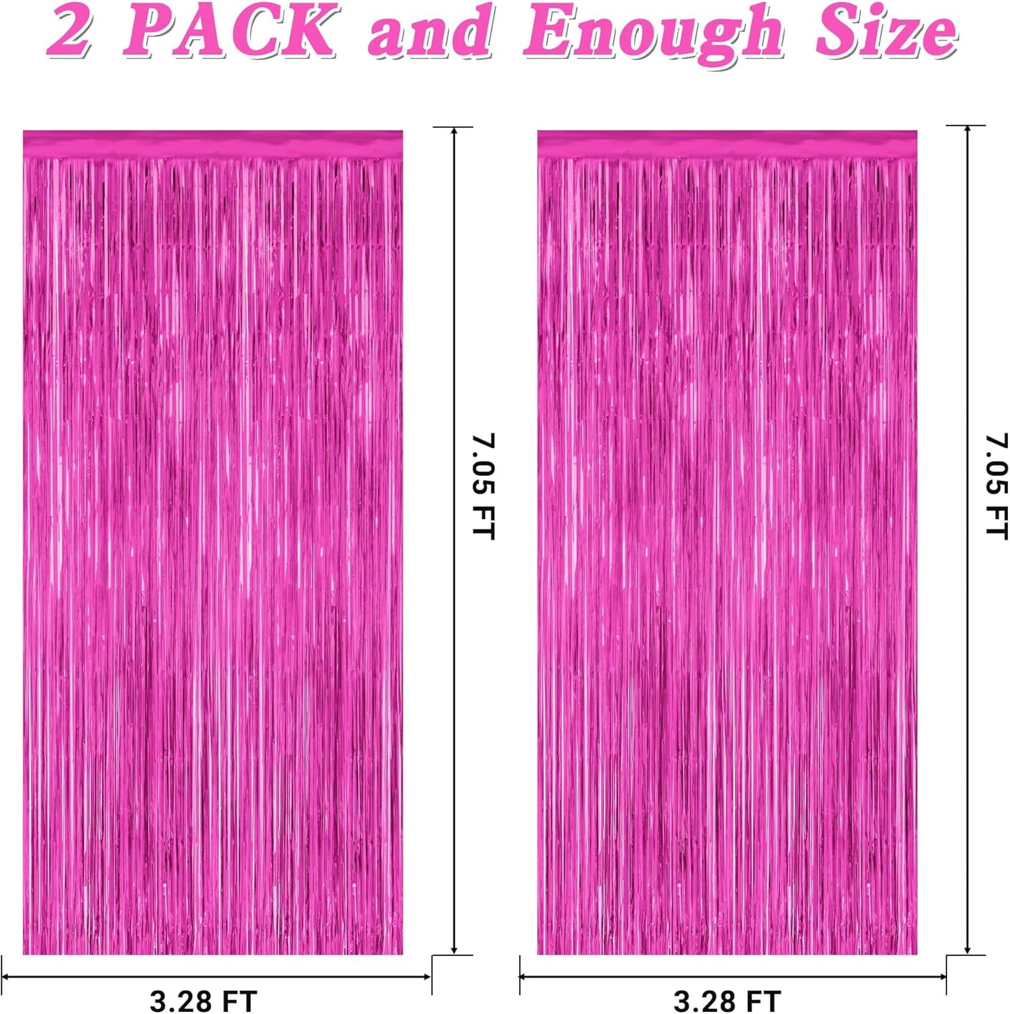 2 Pack Hot Pink Party Decorations, 3.28 FT x 7.05 FT Hot Pink Backdrop, Metallic Rose Red Photo Backdrop Foil Curtains Tinsel Backdrop, Metallic Pink Party Decor Wedding Party Supplies