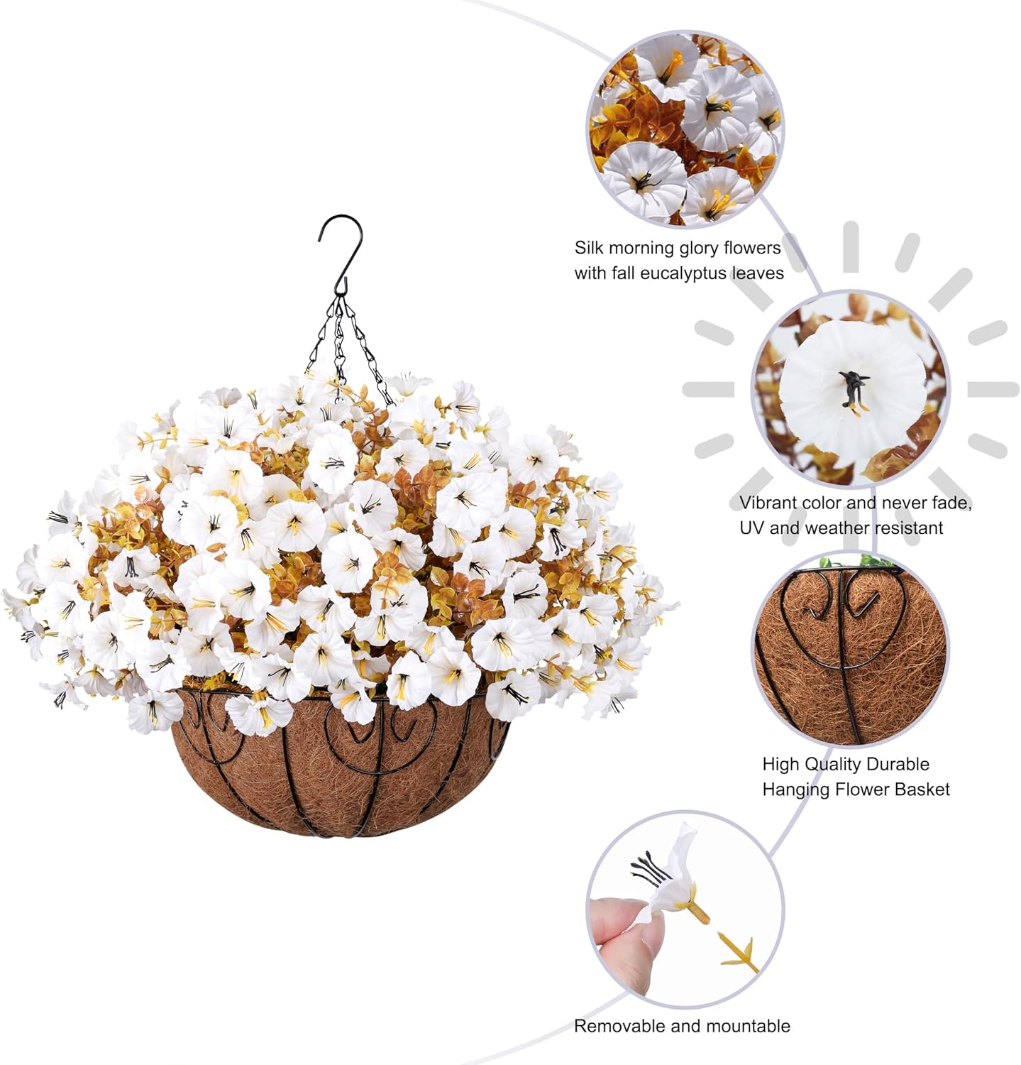 Artificial Fall Flowers Fake Hanging Plants Flowers Basket for Outdoors Autumn Decoration, Silk Morning Glory with Eucalyptus Look Real UV Resistant Faux Flowers for Outside Porch Patio Balcony, White