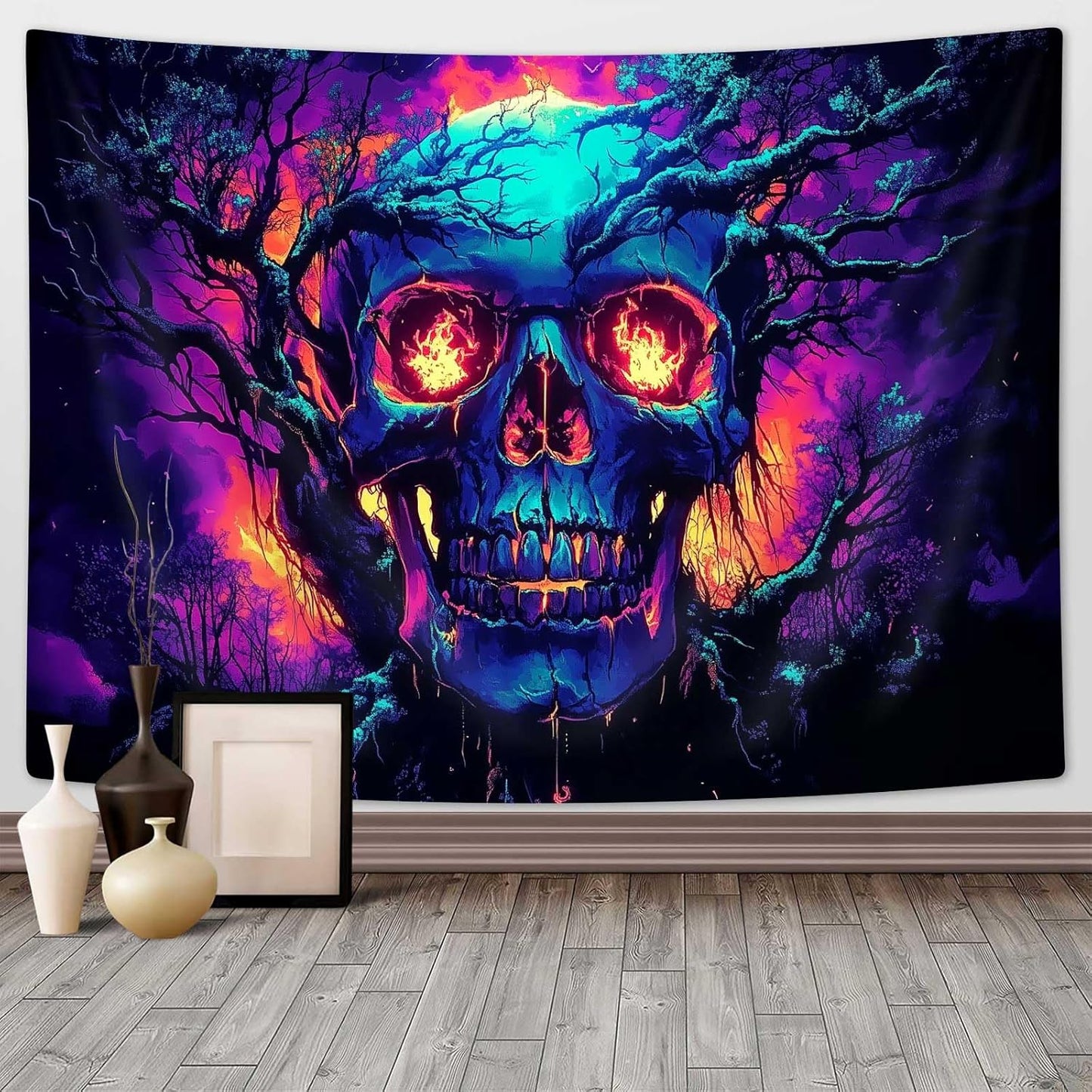 Xiaoput Blacklight Fire Skull Tapestry for Bedroom, Trippy UV Reactive Burning Skeleton Forest Wall Hanging Tapestries, Scary Dark Horror Glow in the Dark Tapestries for Living Room Home Dorm 80X60IN