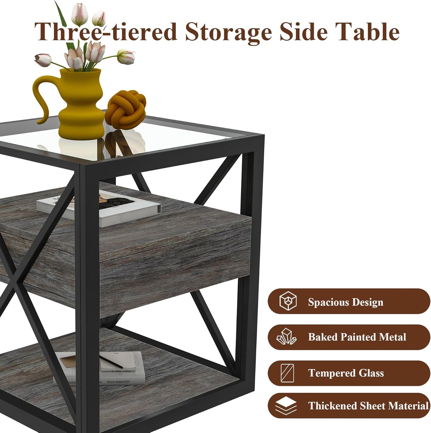 Farmhouse End Table, Modern Side Table with Drawer&3-Tier Storage Shelf, Square Rustic Nightstand, Accent Tea Table, for Bedroom Office Living Room, Grey, Natural Wood, Glass, Metal