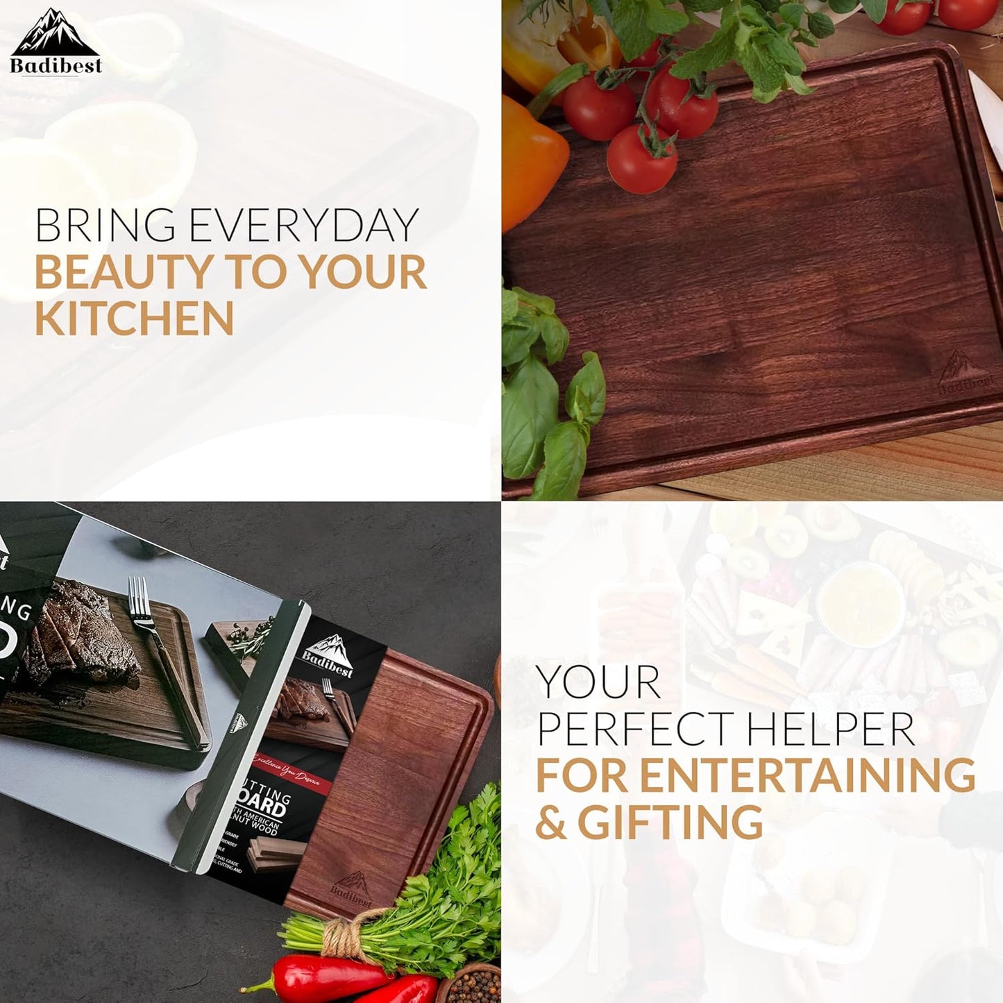 Handcrafted Walnut Wood Cutting Board 12x8, Non Toxic Kitchen Chopping Board with Juice Groove Charcuterie Serving Board, Eco & Knife Friendly Small Wooden Cutting Boards for Kitchen, Restaurant Use