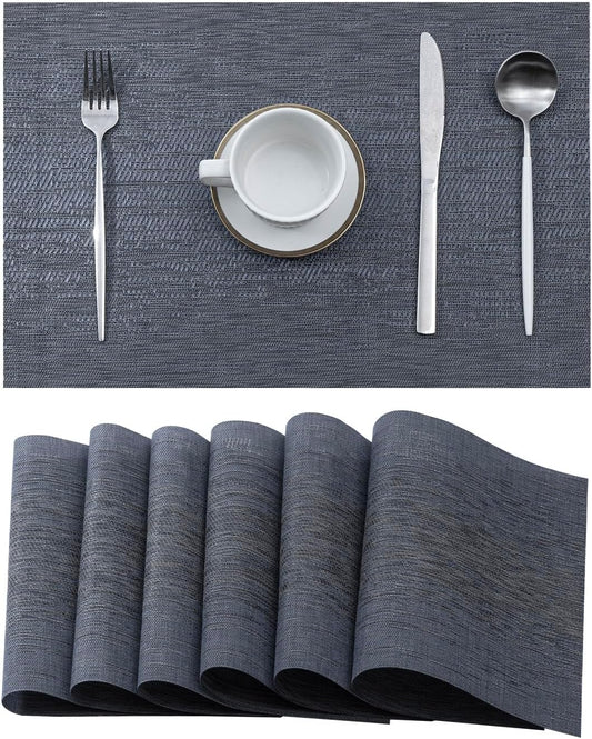 Leetaltree Denim Blue Placemats Set of 6 - Heat Resistant Non-Slip Place mats for Dining Table, Washable Durable PVC Vinyl Woven Table Mats（Denim Blue, 6）
