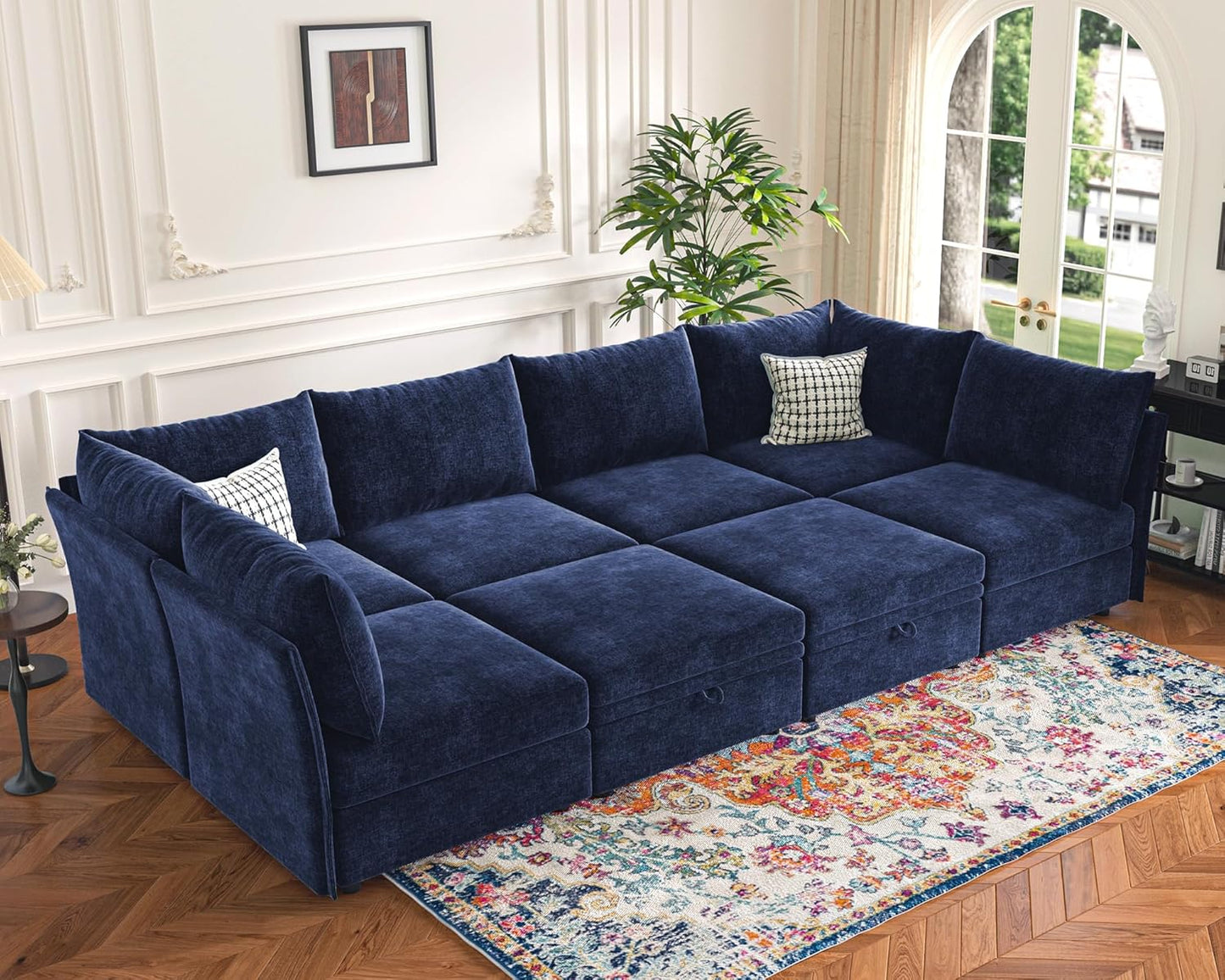136.4" Oversized Modular Sectional Sleeper Sofa Bed, U Shaped Convertible Couch with Movable Ottoman, Large 8 Seat Corner Couches for Living Room Deep Seat Blue Chenille