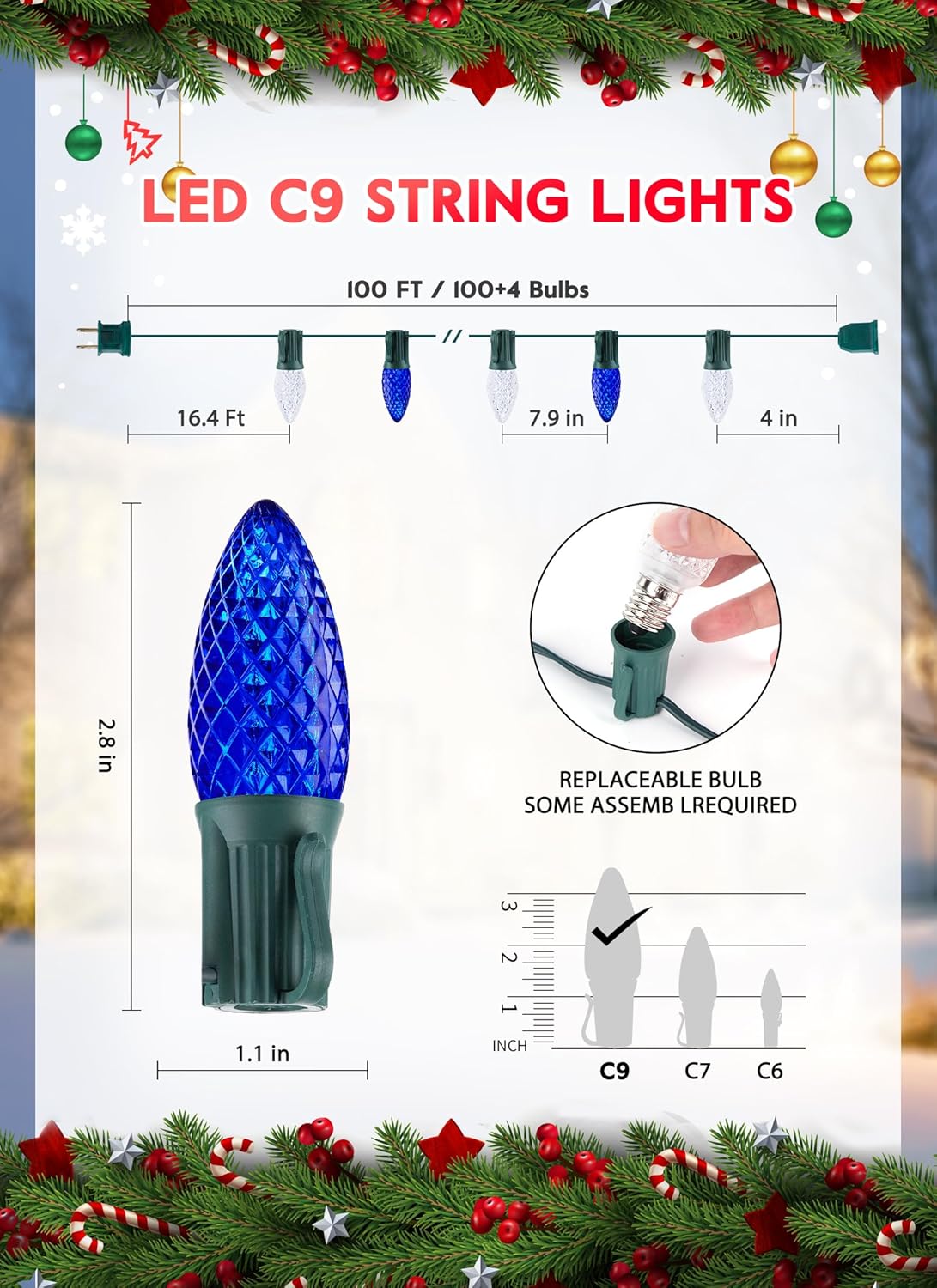 Minetom 100 Feet Led Christmas Lights,Blue White C9 Christmas String Lights Outdoor, 100 Strawberry Bulbs Connectable UL Certified for Indoor Outdoor Roofline Patio Holiday Party Backyard Xmas Decor