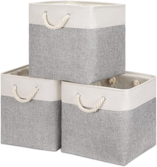 Bidtakay Fabric Basket Set - Large Square Organizer Bins, 13x13, Set of 3, White & Grey