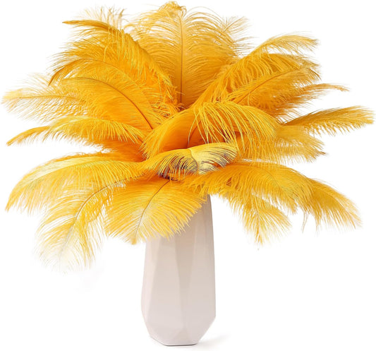THARAHT Golden Yellow Ostrich Feathers 12pcs Natural Bulk 8-10Inch 20cm-25cm for Crafts Wedding Party Centerpieces Halloween and Home Decoration Feathers