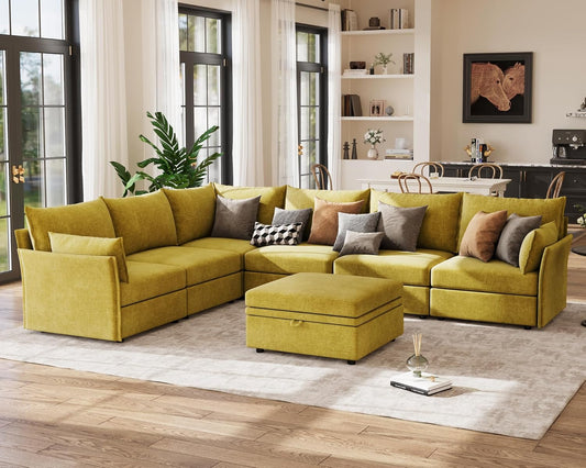 166.6" Oversized Modular Sectional Sofa, U Shaped Convertible Couch with Movable Ottoman, Large 8 Seat Corner Couches for Living Room Deep Seat Yellow Chenille