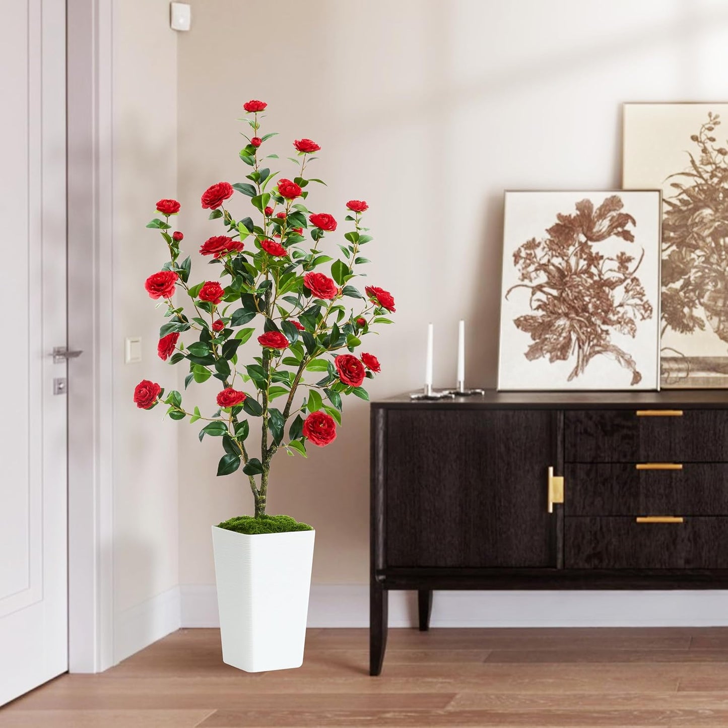 Artificial Camellia Tree 5FT Faux Trees Indoor Fake Floral Plant Blooming Tree with Red Flowers & White Tall Planter, Faux Camellia Plants for Porch Home Room Bedroom Office Front Door Outdoor Decor