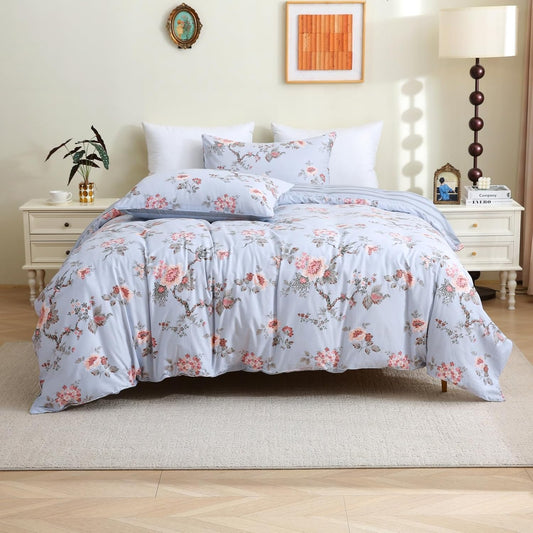 ABREEZE Floral Duvet Cover Queen Size Set Bird Flowers Bedding Set 100% Brushed Cotton Bedding Collection 1 Duvet Cover with 2 Pillowcases Grey