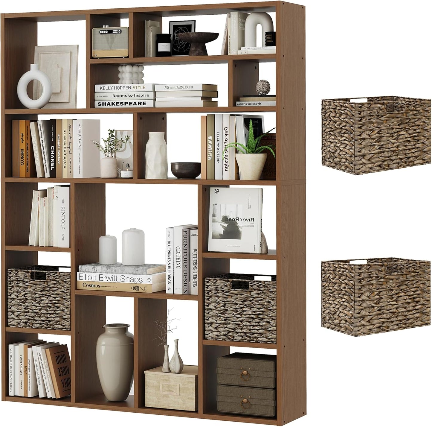 6-Tier Large Open Bookcase 71” Tall Sturdy Wooden Bookshelf with Baskets,Modern Style 16-Cube Home Display Shelf for Bedroom, Living Room（Oak Color）