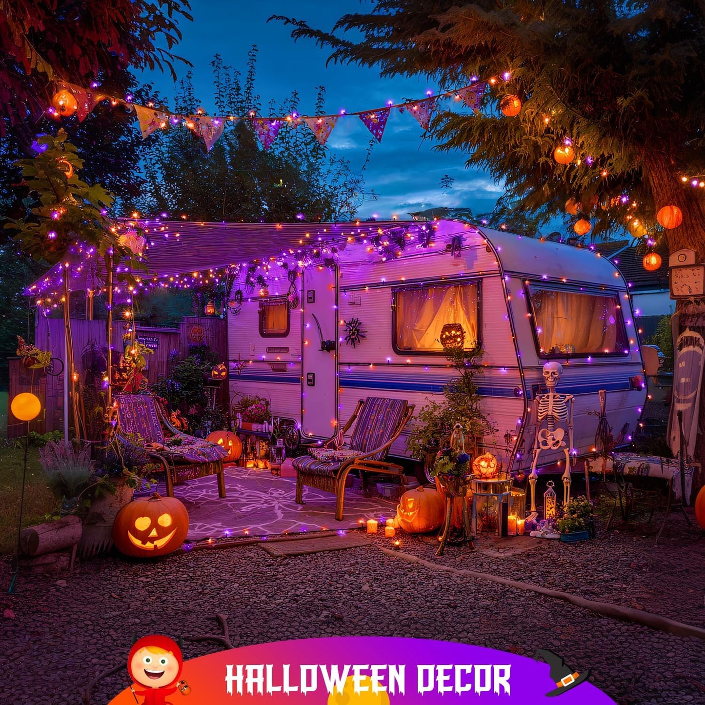 JMEXSUSS Orange and Purple Solar Halloween Lights, 2 Pack Total 400 LED Solar String Lights Outdoor Waterproof, 8 Modes Halloween Light for Outside Patio Yard Tree Decorations