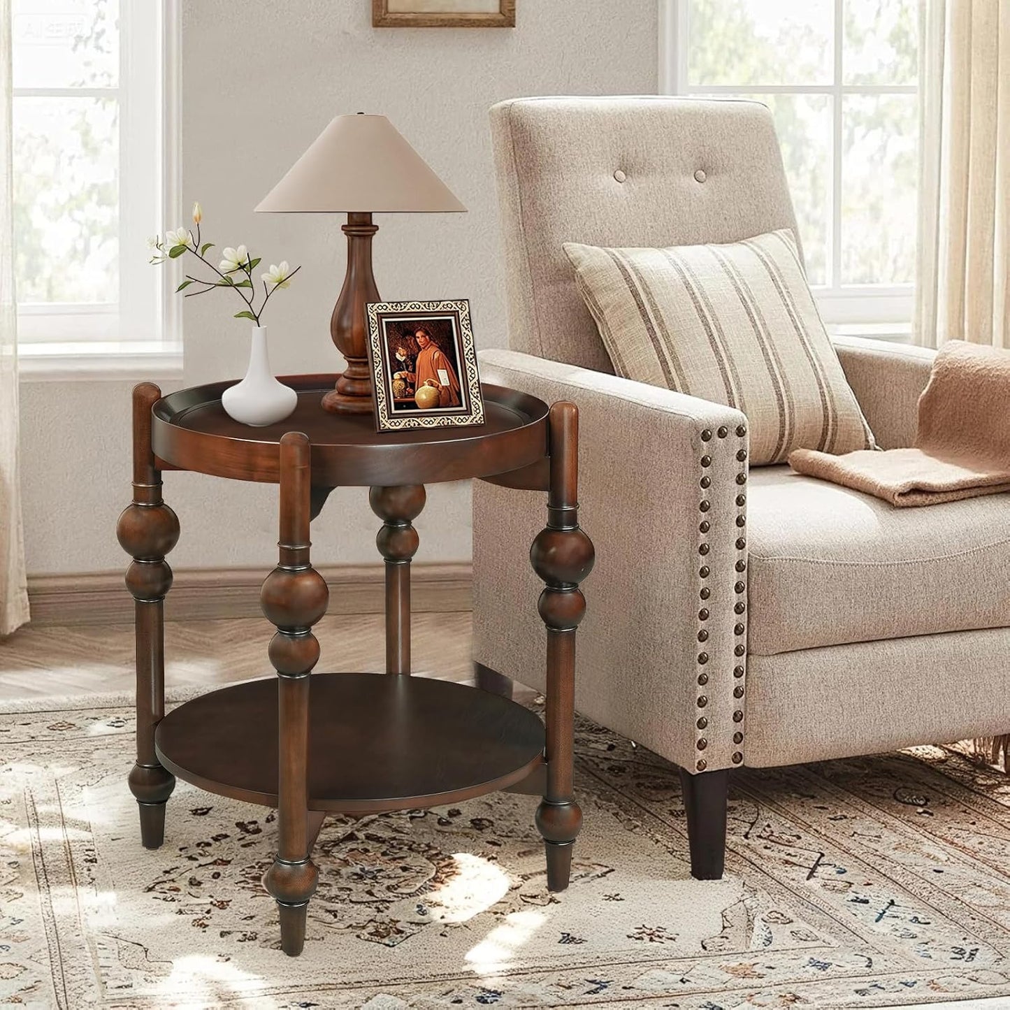 23" Round End Table, Mid Century Modern Side Table with Solid Wood Frame and Top, Small Night Stand for Living Room Office Apartment, Walnut
