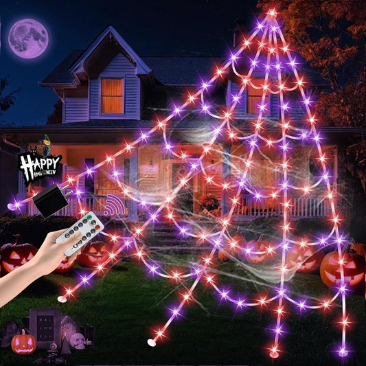 Halloween Spider Web Lights 550 LED Lighted Spider Web 16.4Ft Giant Halloween Decorations Light up with 8 Lighting Modes Waterproof & Timer for Indoor Outdoor House Haunted Yard Decor, Purple & Orange