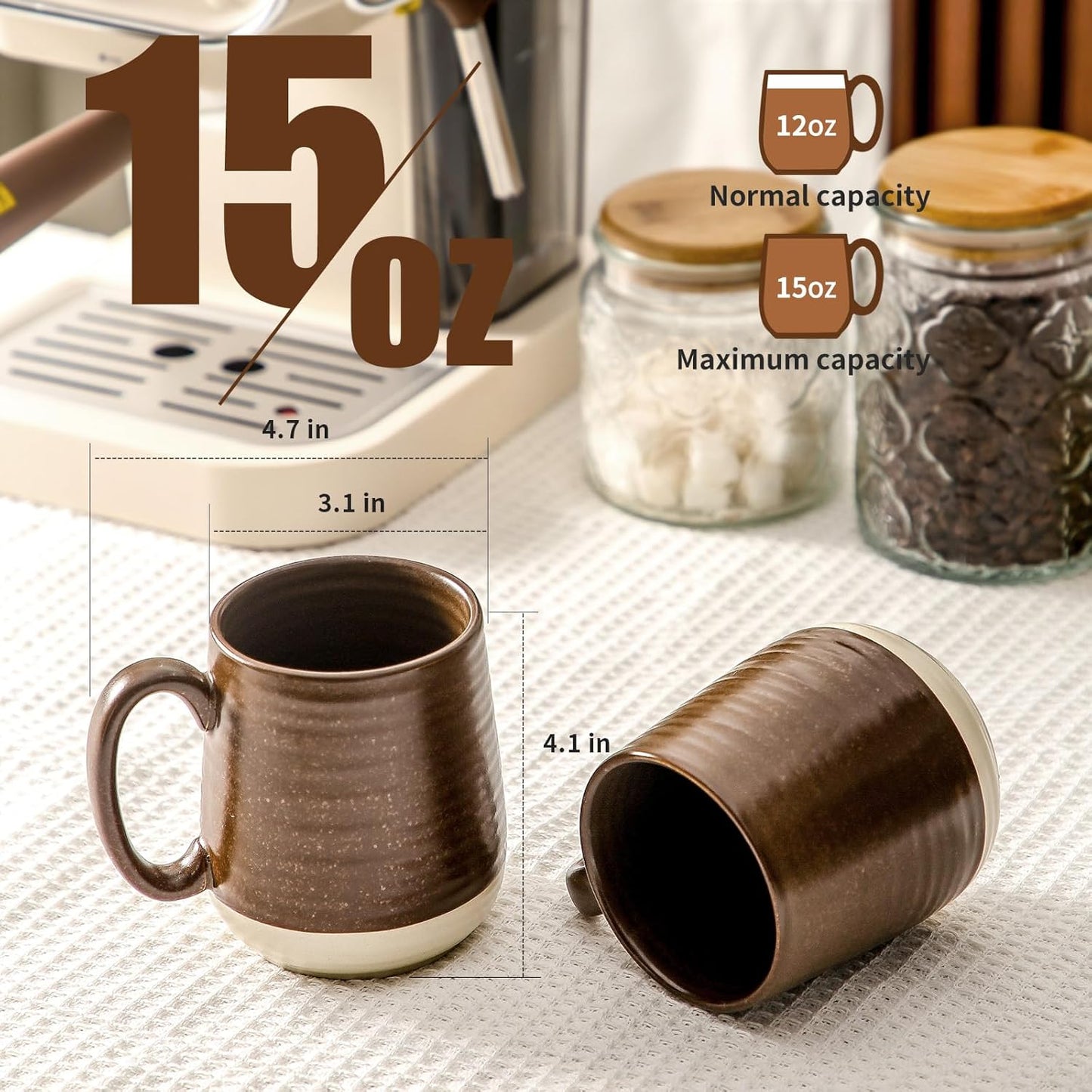 Hasense Porcelain Coffee Mugs Set of 6, 15 Ounce Large Ceramic Coffee Cups Set with Handle for Latte, Tea, Cocoa and Hot Chocolate, Brown Coffee Mugs for Men and Women, Microwave Safe