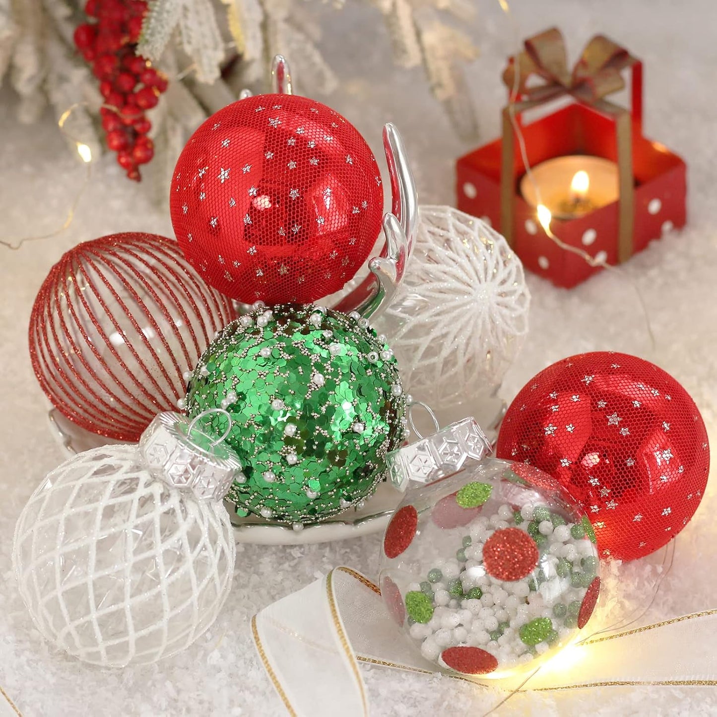 25PCS Christmas Ornaments Set, 2.36"/6CM Assorted Clear Plastic Shatterproof Ball Hanging Ornaments for Xmas Tree Decorations, for Indoor Home Holiday Decor - Red/Green/White.