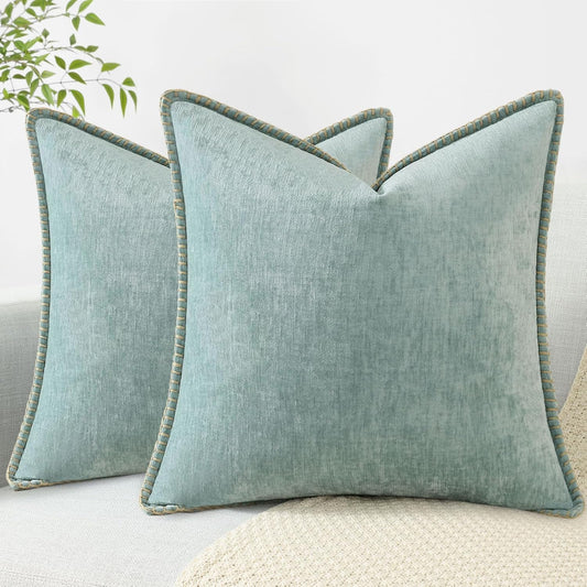 decorUhome Chenille Soft Throw Pillow Covers 26x26 Set of 2, Farmhouse Velvet Neutral Decorative Euro Pillow Covers with Stitched Edge for Couch Sofa Bed Home Decor, Aqua Haze