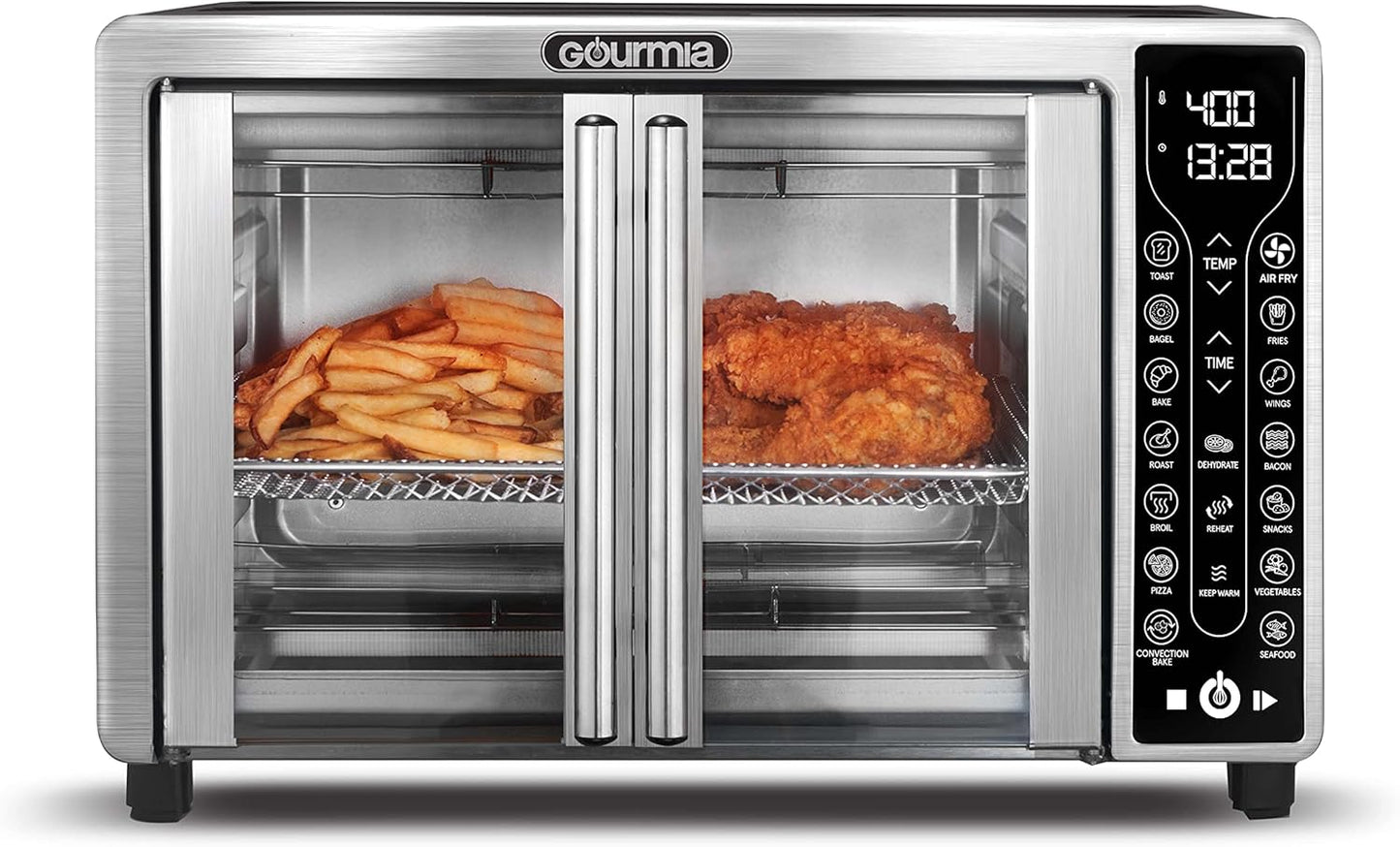 Gourmia Toaster Oven Air Fryer Combo 17 cooking presets 1700W french door digital air fryer oven 24L capacity accessories, convection rack, baking pan tray recipe book GTF7655,Large,Stainless Steel