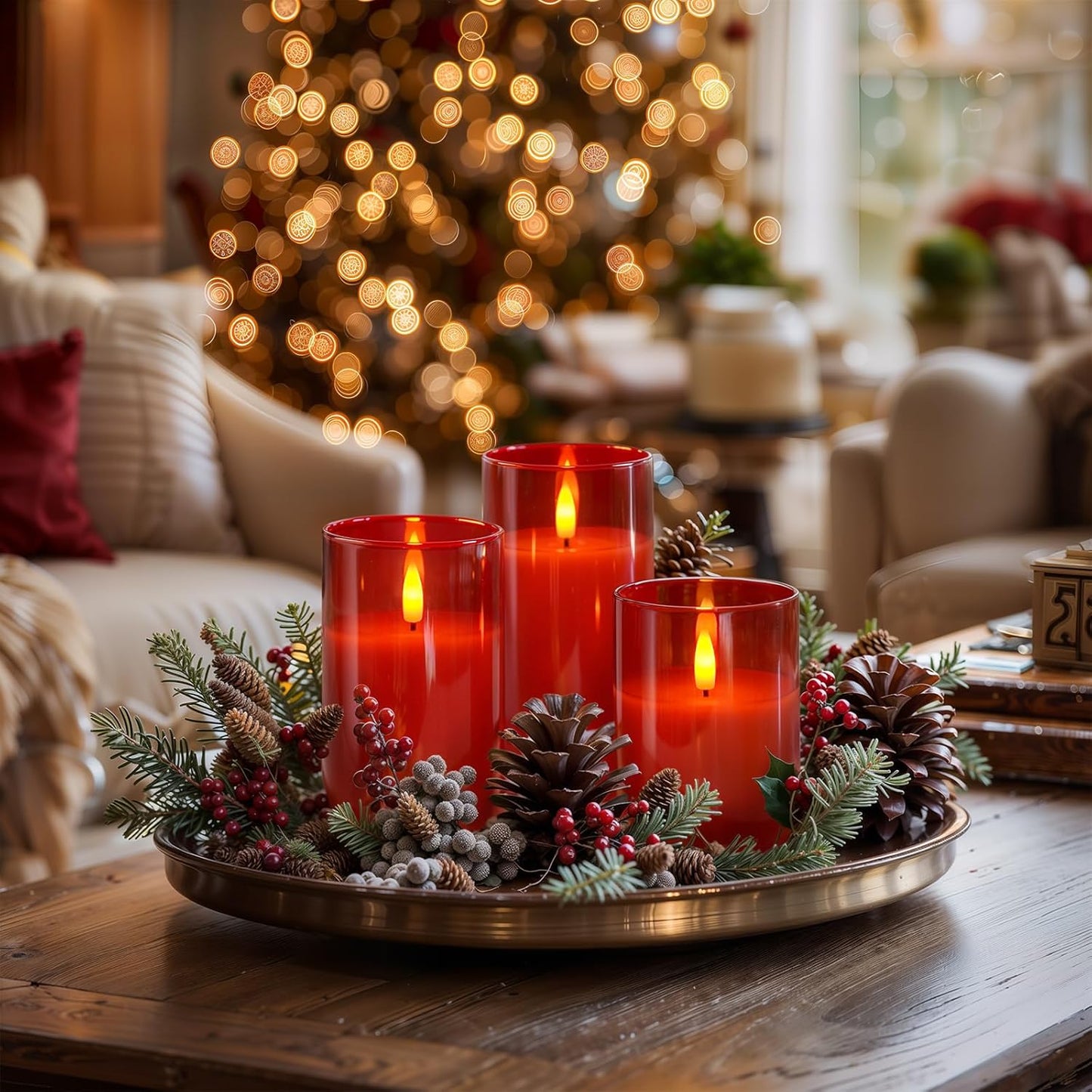 Homemory Red Glass Flameless Candles, Battery Operated LED Pillar Candles with Remote Control and Timer, Radiance Candles, Real Wax, Set of 3,D3 xH4 5" 6"
