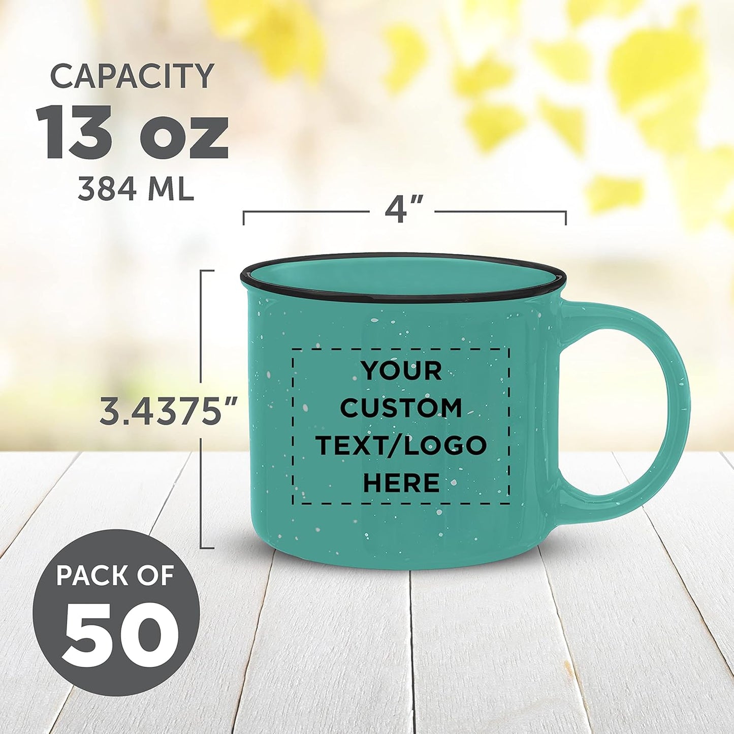 DISCOUNT PROMOS Custom Ceramic Campfire Coffee Mugs 13 oz. Set of 50, Personalized Bulk Pack - Perfect for Tea, Espresso, Cappuccino, Hot Cocoa - Mint