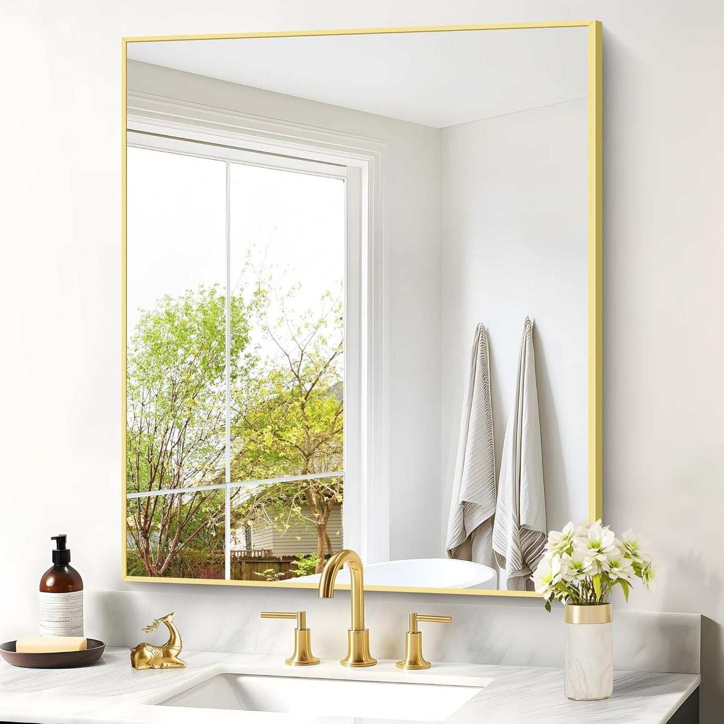 Gold Bathroom Mirror for Wall, 30x36 Inch Rectangle with Metal Frame, Modern Vanity for Bathroom Living Room, Entryway Hangs Horizontal or Vertical