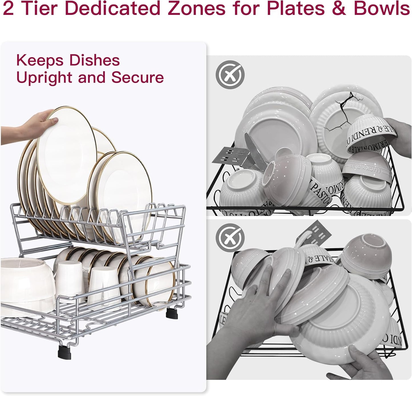 BOOSINY 2 Tier Red Large Stainless Steel Dish Drainers Drying Rack for Kitchen Counter with Drainboard, Rust Proof Metal, Space Saving, Modern Aesthetic, Compact Plates Strainers with Extra Mat